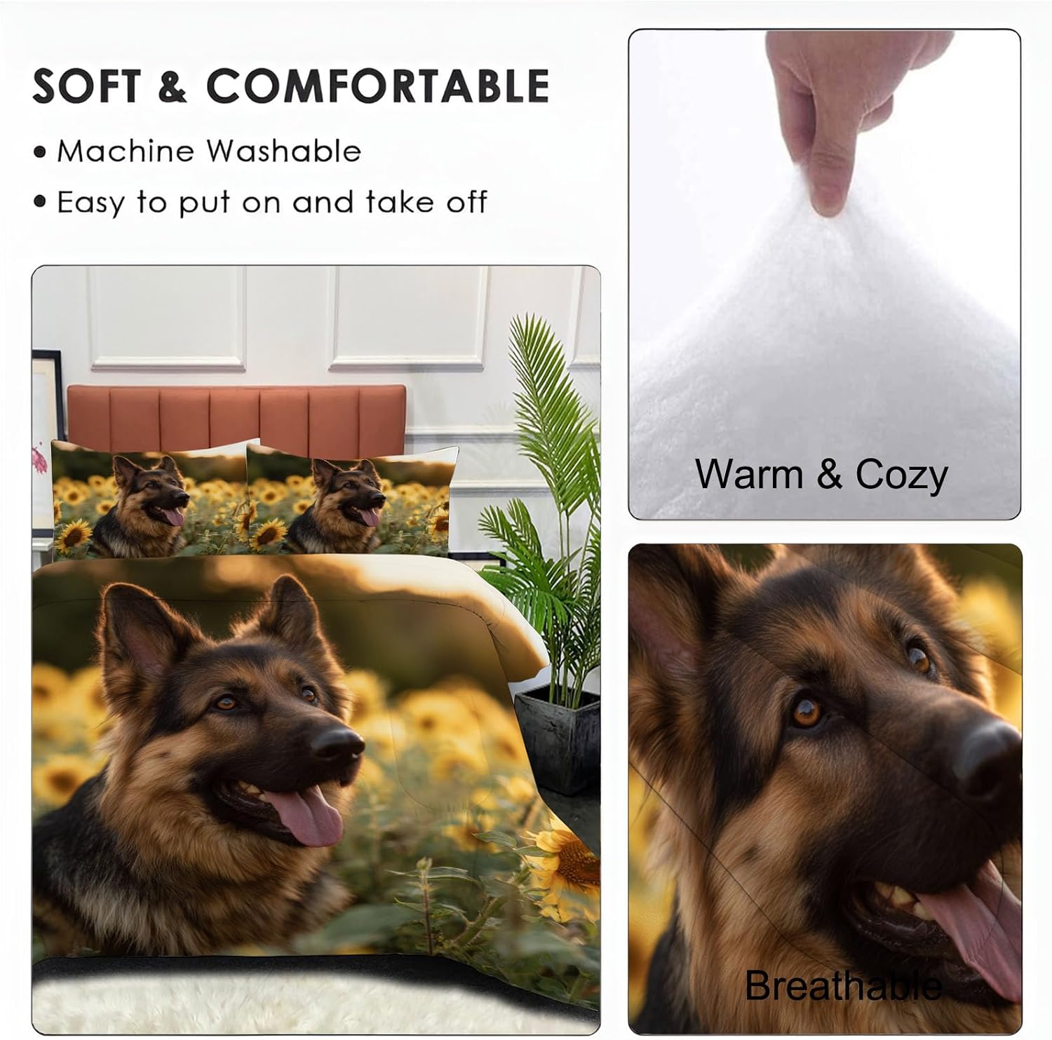 3D Pets Comforter Set Full Size, Sunflower Sheepdog Bedding Set for Girls Boys, Brown Quilt Bed 79"X90" Bedding Comforter Sets with 2 Pillowcase Room Decor