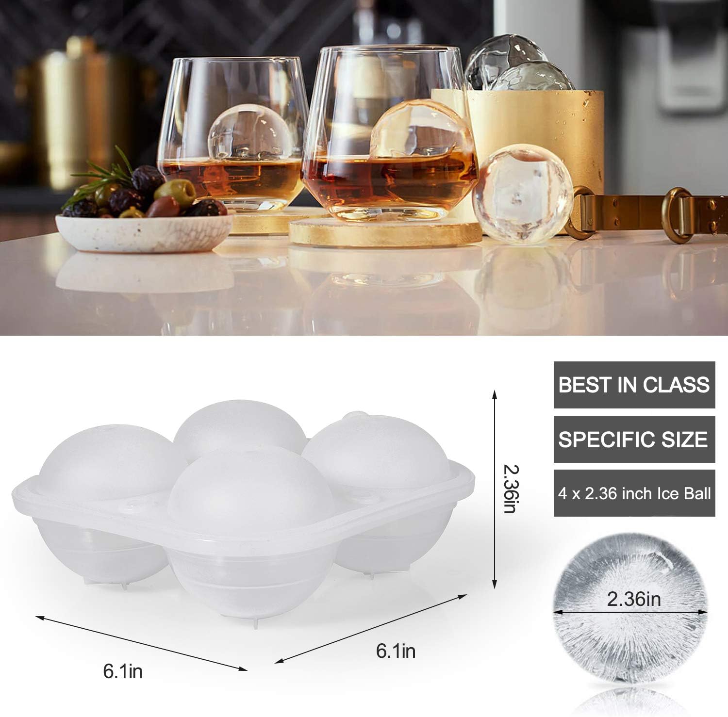 Large Sphere Mold Silicone Ice Cube Trays for Whisky 2.5 Inch Ice Ball Mold Sphere Round Ice Ball Maker, Funnel Included (White)