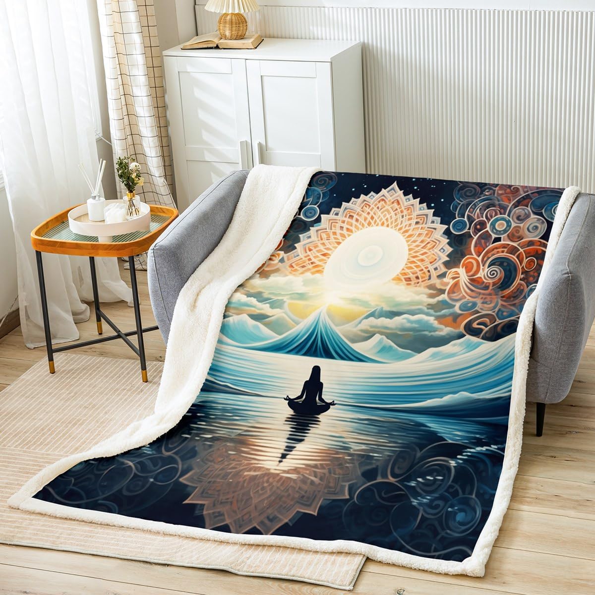 Manfei Yoga Kids Throw Blanket Boho Mandala Flower Bed Blanket for Boys Girls Adults Room Decor, Exotic Hippie Chakra Blanket for Couch Sofa, Soft and Breathable Fleece Blanket(60 x 80 Inches)