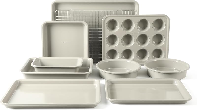 Calphalon Legacy Juego de utensilios para hornear antiadherentes de 10 piezas, revestimiento antiadherente sin PFA, apto para horno, incluye moldes para hojas, molde para muffins, moldes para pasteles redondos, molde para pan y rejilla para enfriar, gris crema