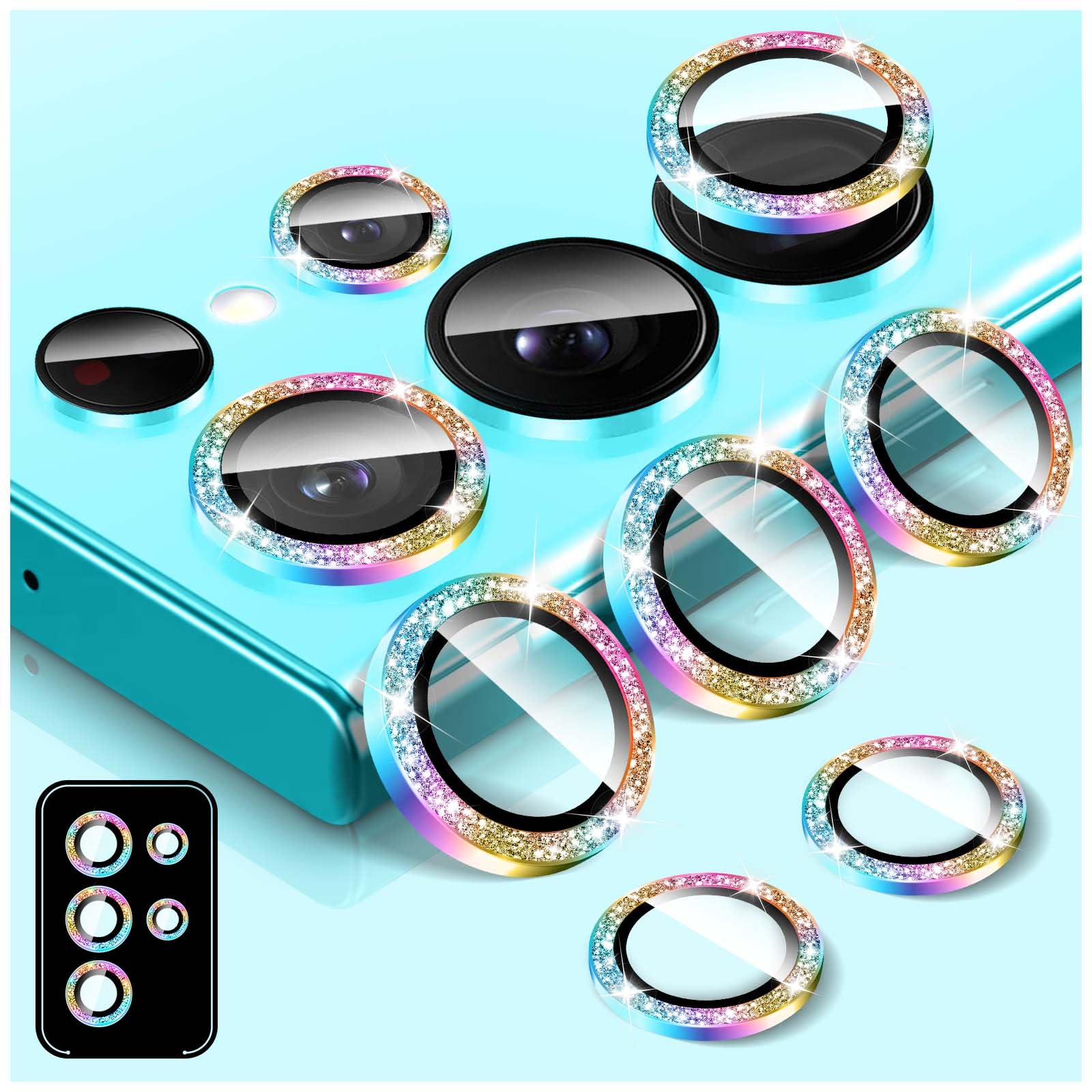 Kucheed Bling Camera Lens Protector for Samsung Galaxy S24 Ultra, Tempered Glass Camera Cover Screen Protector, Glitter Automatic Alignment Individual Metal Rings Film Stickers