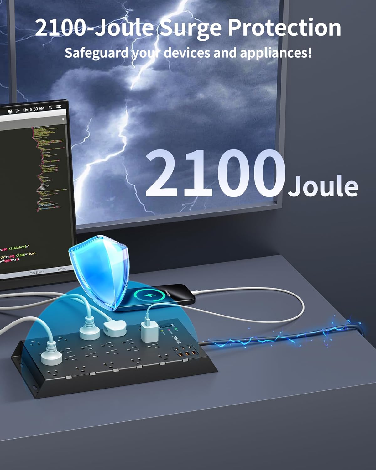 DEPOW Surge Protector Power Strip with a visual representation of 2100 Joules surge protection