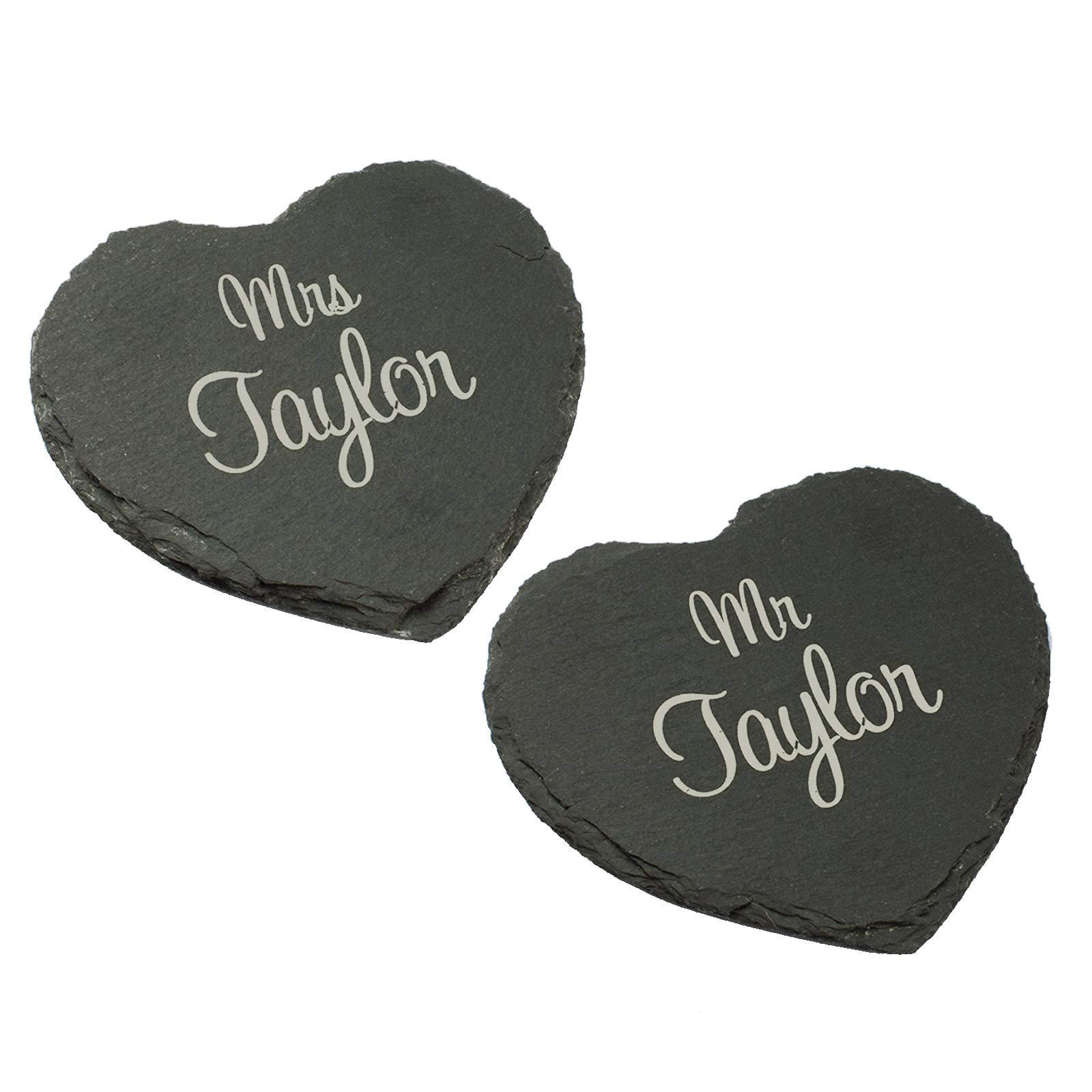 Drink Coaster, Set of 2 Personalised Mr & Mrs Slate Hearts