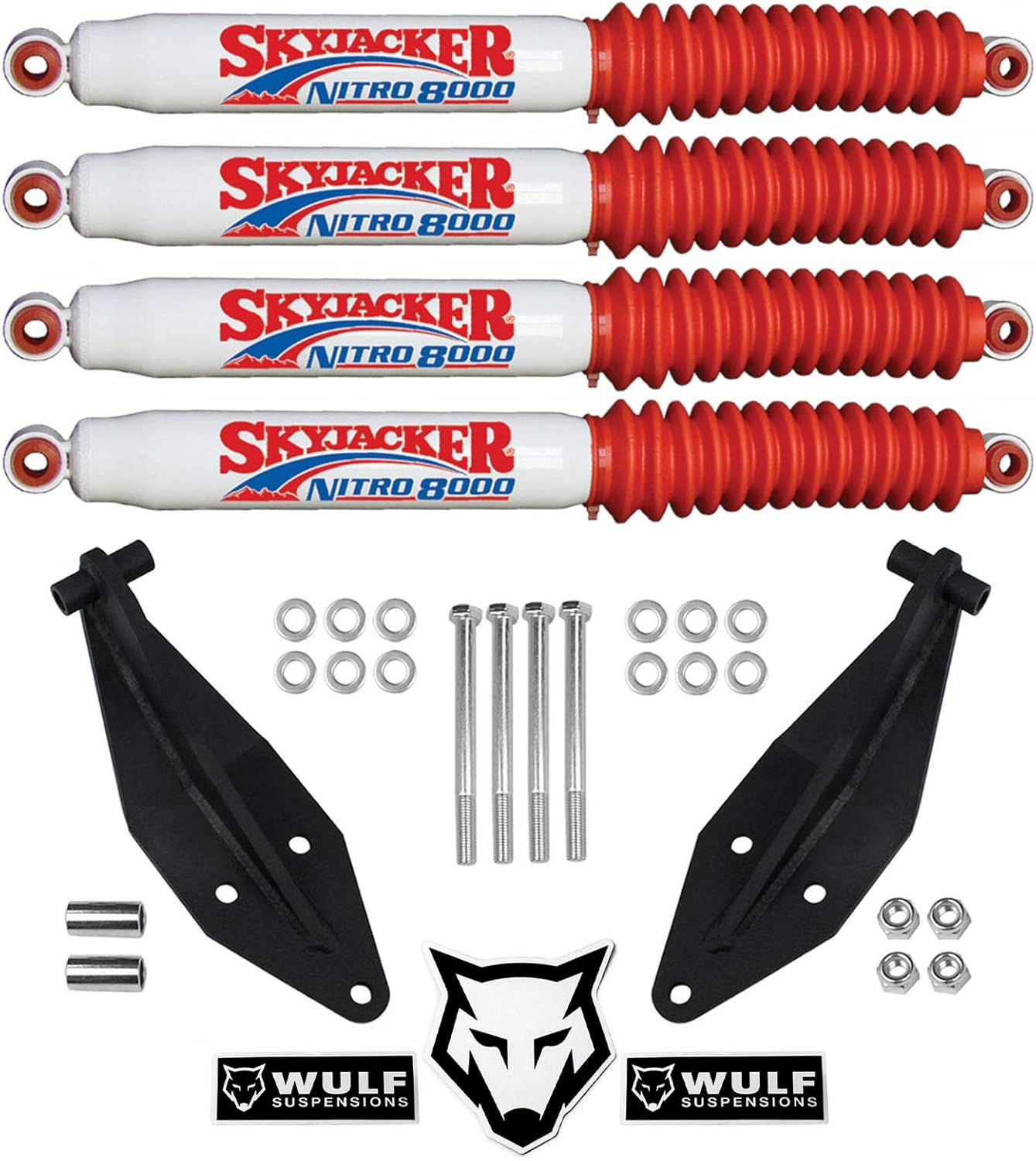 Wulf Front Dual Shock Kit for 6" to 8" Lift Kits 1999 to 2004 compatible with model Ford F250 Super Duty 4X4 Skyjacker brand shocks included