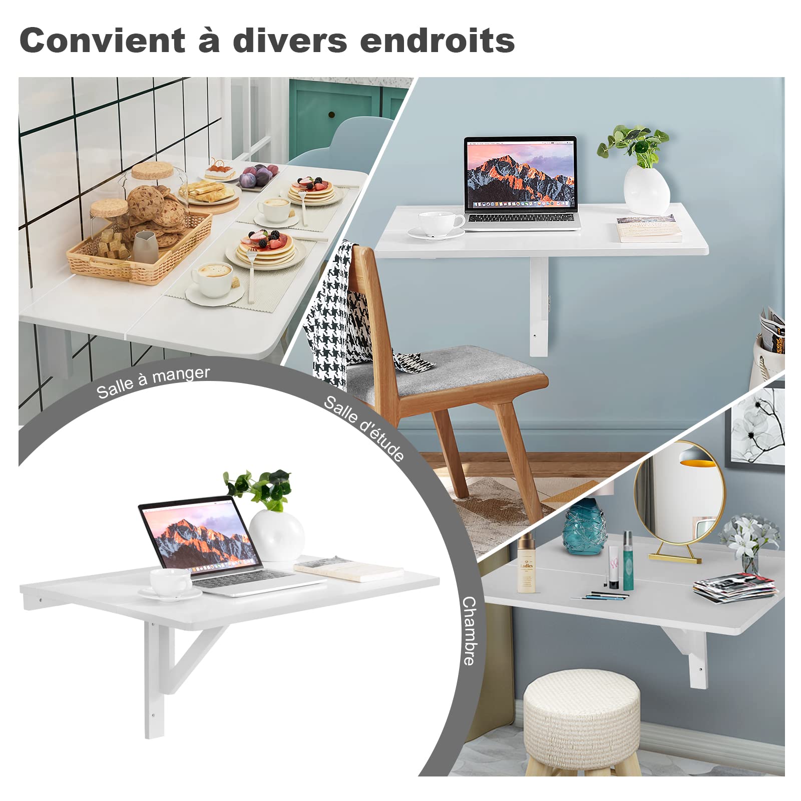 COSTWAY Table Murale Rabattable en Bois de Pin Double Plateaux Table de Cuisin Pliable 80 x 60 x 43 cm (Blanc)