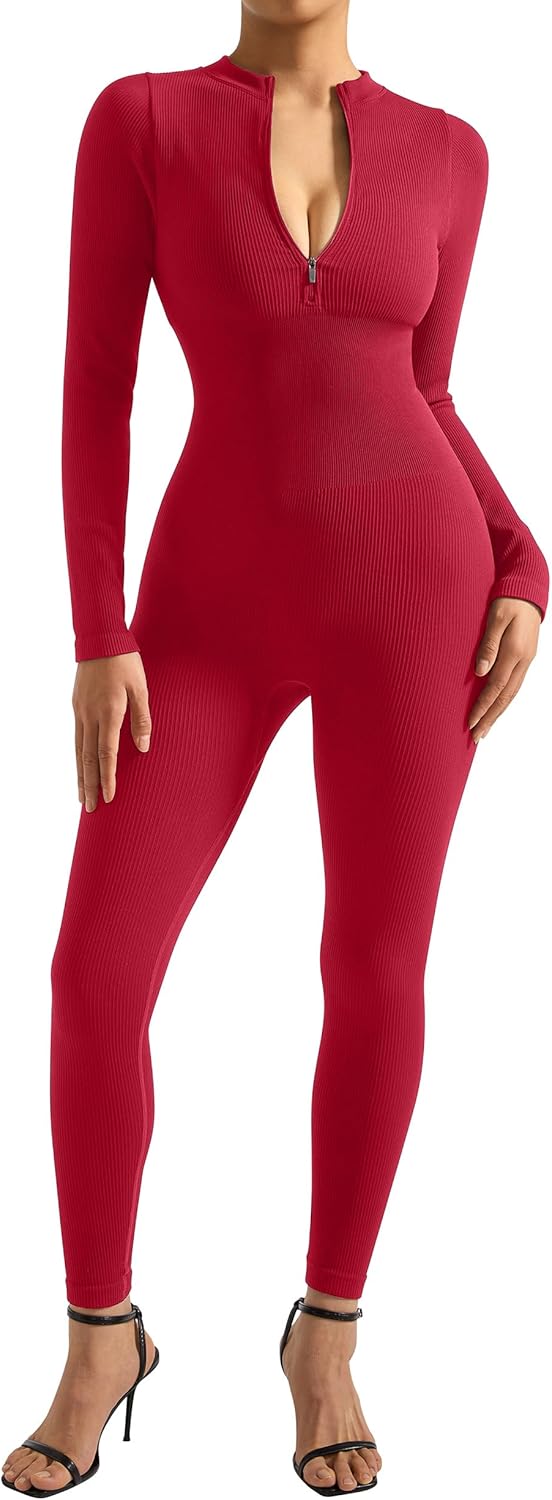 SUUKSESS Women Long Sleeve Ribbed Jumpsuit Zip up Front Workout Bodycon Romper - Image 4
