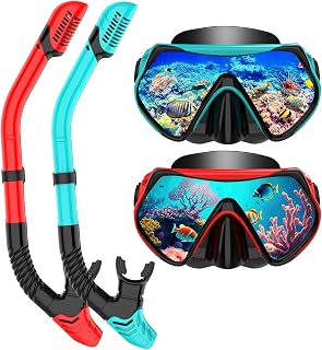 Snorkeling Gear for Adults, Dry-Top Snorkel Set Scuba Diving mask, 180°Panoramic Wide View Professional Snorkeling Gear Breathing Freely Snorkel Mask (Green+Red)