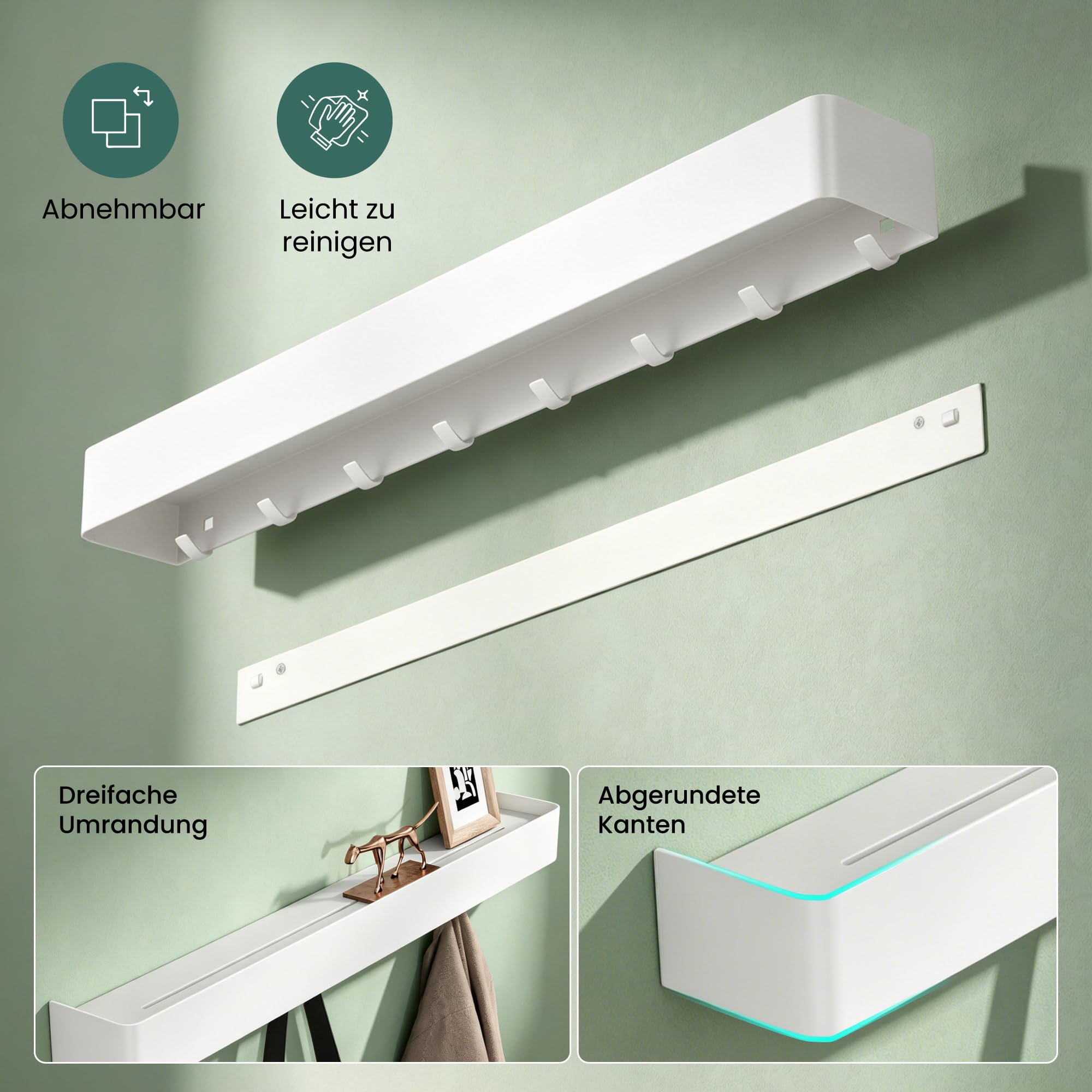 Mai & Mai Wandgarderobe mit Ablage und 6 Haken, Garderobenleiste 60 cm zur Wandmontage, Kleiderhaken für Flur, Badezimmer oder Küche, multifunktionale Garderobe, Sandweiß Reglo-05