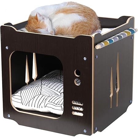 Amazon ペットベッド キャットハウス 多頭用 ボックスハウス クッションマット付き ハンモック 2階 寝床 猫用 ケージ ドーム型 箱型 組み立て 木製 通気 防潮 丈夫 猫ソファ 四季使える 家具調 ぐっすり眠れる 組み立て説明書付き ダークブラウン Himimi ベッド