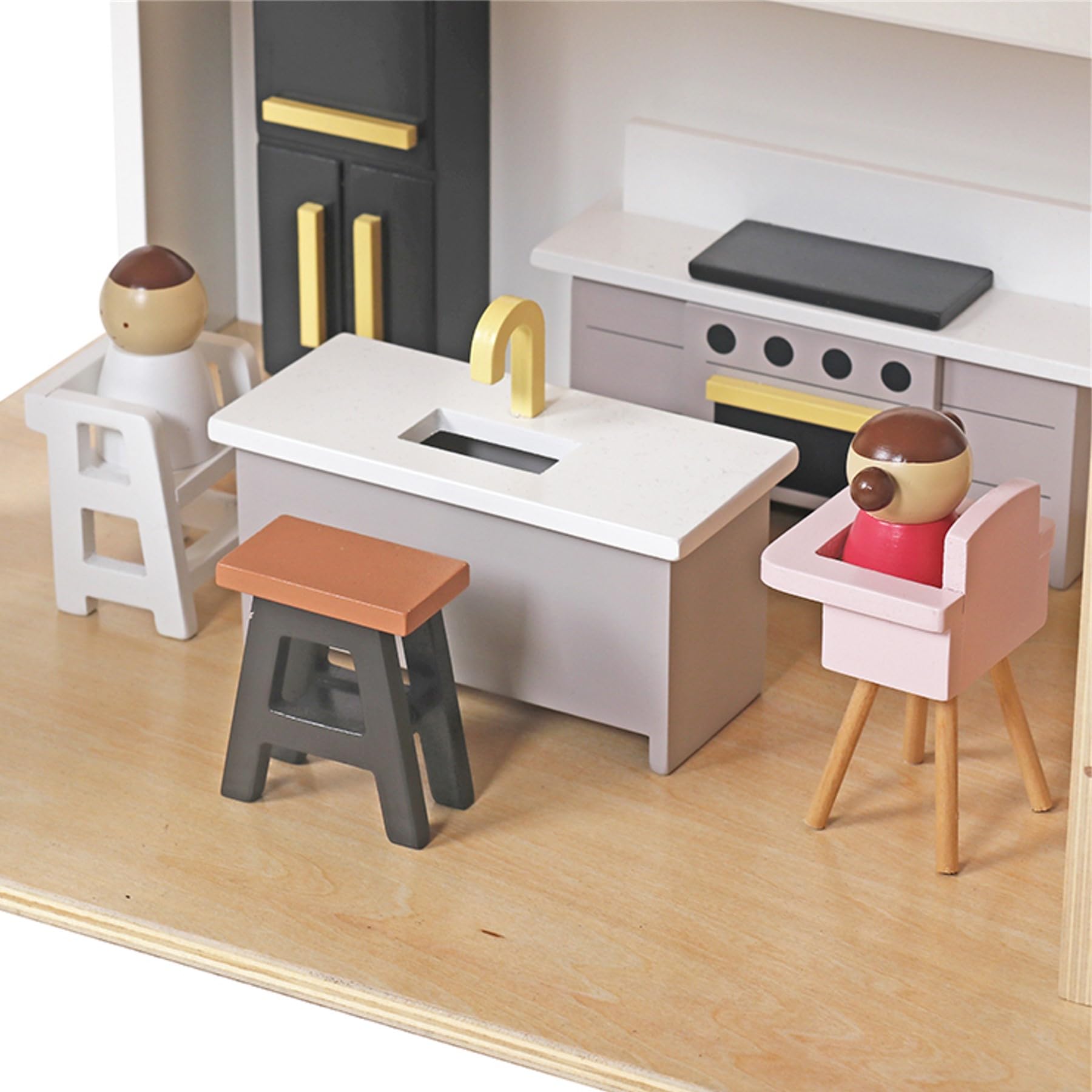 Modernes Puppenhaus Villa aus Holz mit 49-TLG Möbelset & Spielfiguren, inkl. Hundezimmer, Große Stadtvilla für Kinder, Skandinavisches Design, Puppenhausmöbel Set komplett möbliert, Schwarz-Weiß