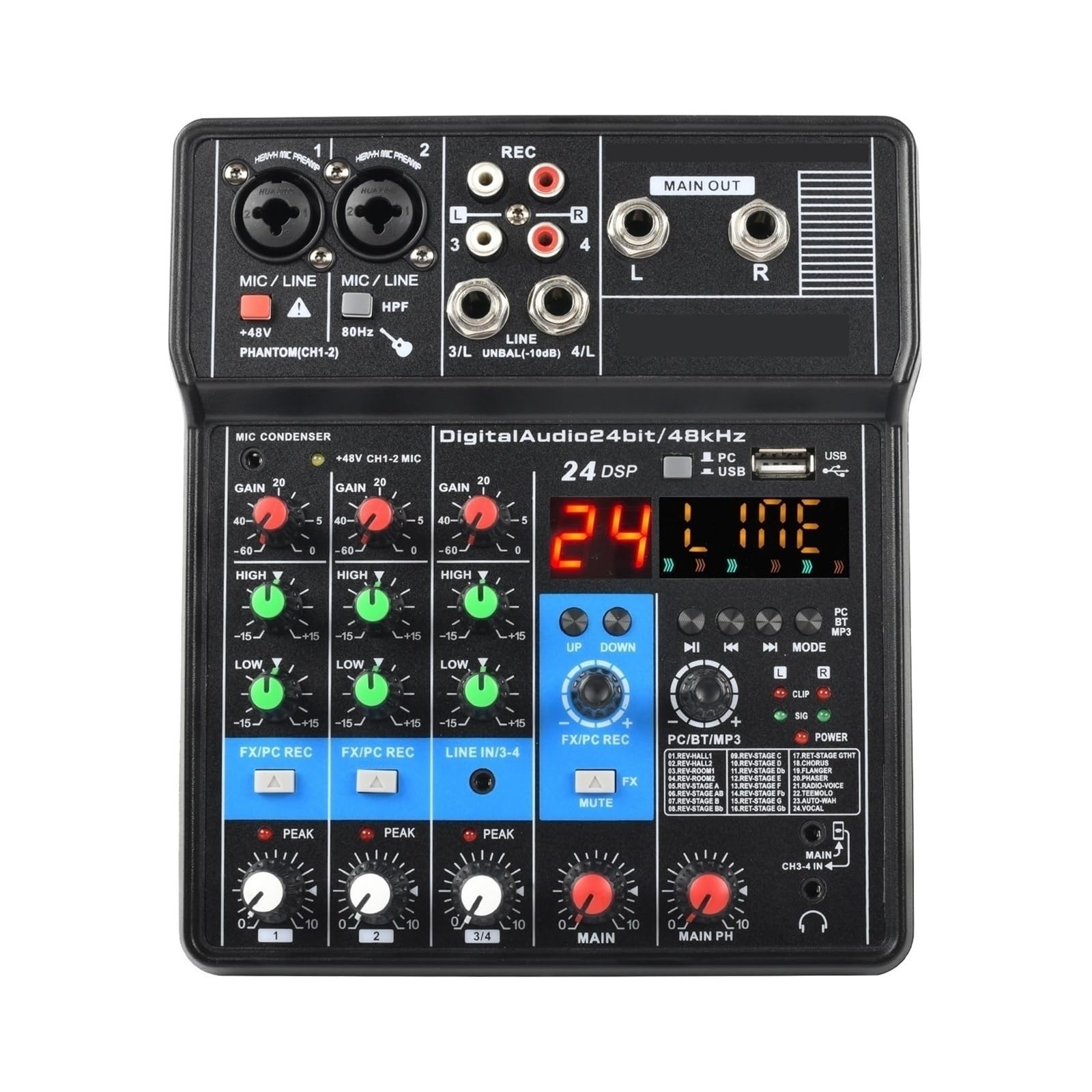 Mezclador de audio, Consola mezcladora de sonido portátil profesional 4 canales Entrada computadora Alimentación 48 V Número modelo Certificación Interfaz Para karaoke en estudio