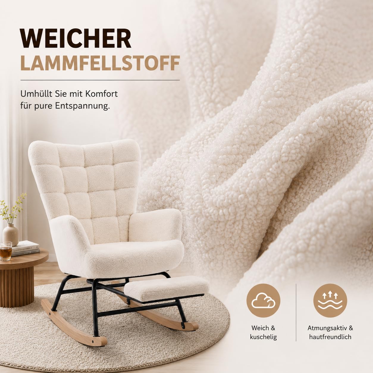 Schaukelstuhl mit Fußstütze, Sherpa Sessel, Beige, Gepolstert