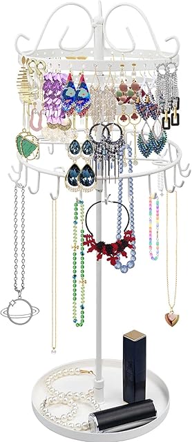 3 Tiers Rotating Jewellery Display Stand Holder, SMFANLIN Exquisite Metal Earring Necklace Organizer Holder Jewelry Tower - 23 Hangers for Bracelets, 88 Holes for Earrings, Tray for Rings