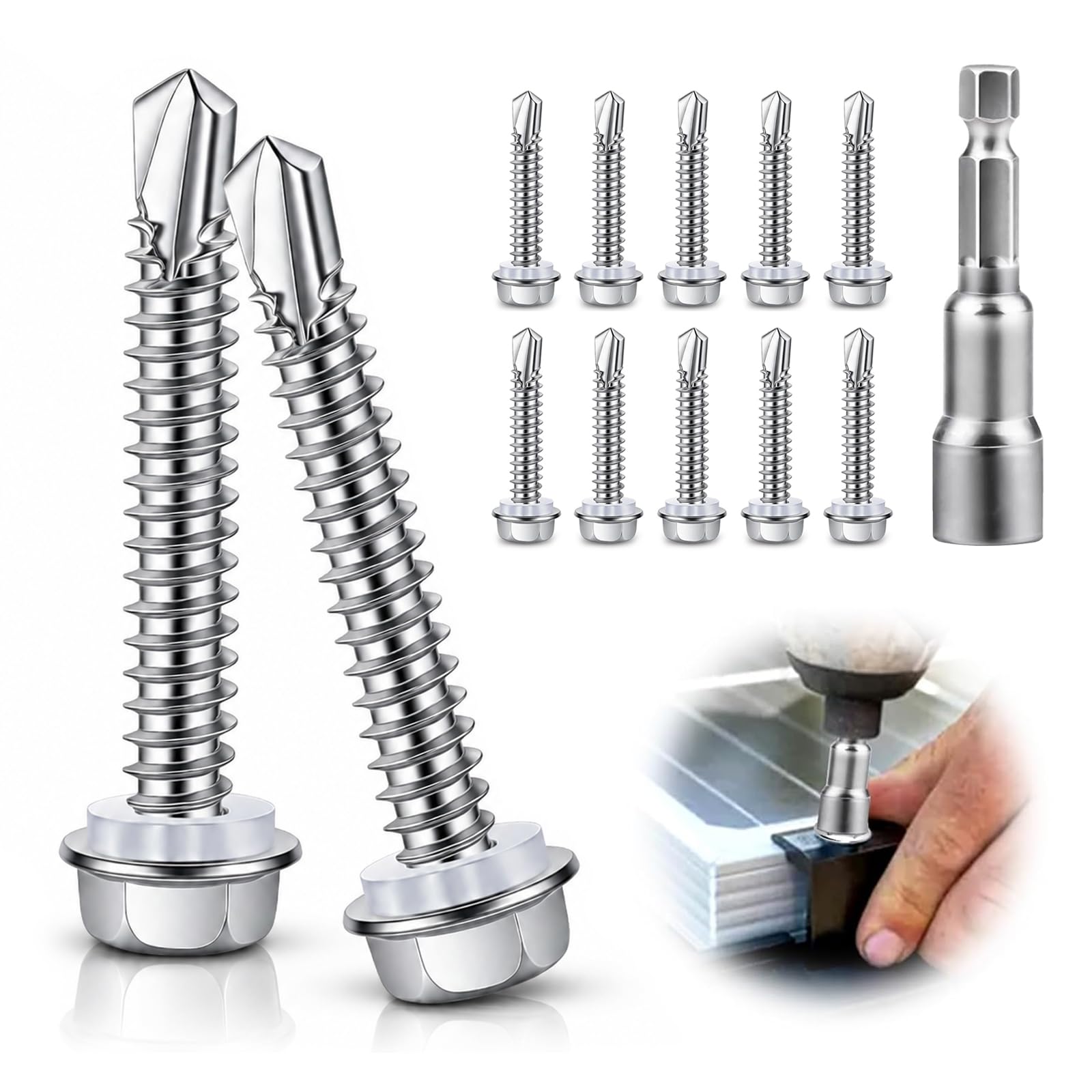 sturiz 60pcs 410 Stainless Steel Self Tapping Screws Metal Bolts M5.5 Self Drilling Screws for Metal Hex Head Screws with Gasket with Socket for Metal Wood Pvc Plasterboard Number(M5.5x38mm)