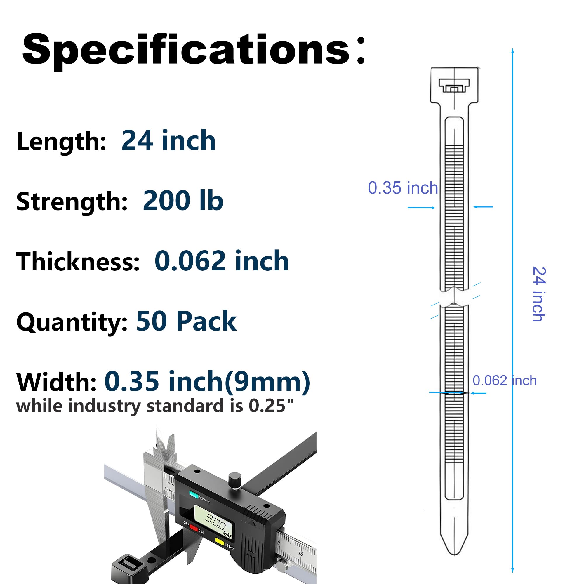 Extra Lange Kabelbinder – 61 Cm, 227 Kg Zugfestigkeit, Doppelseitige Verzahnung