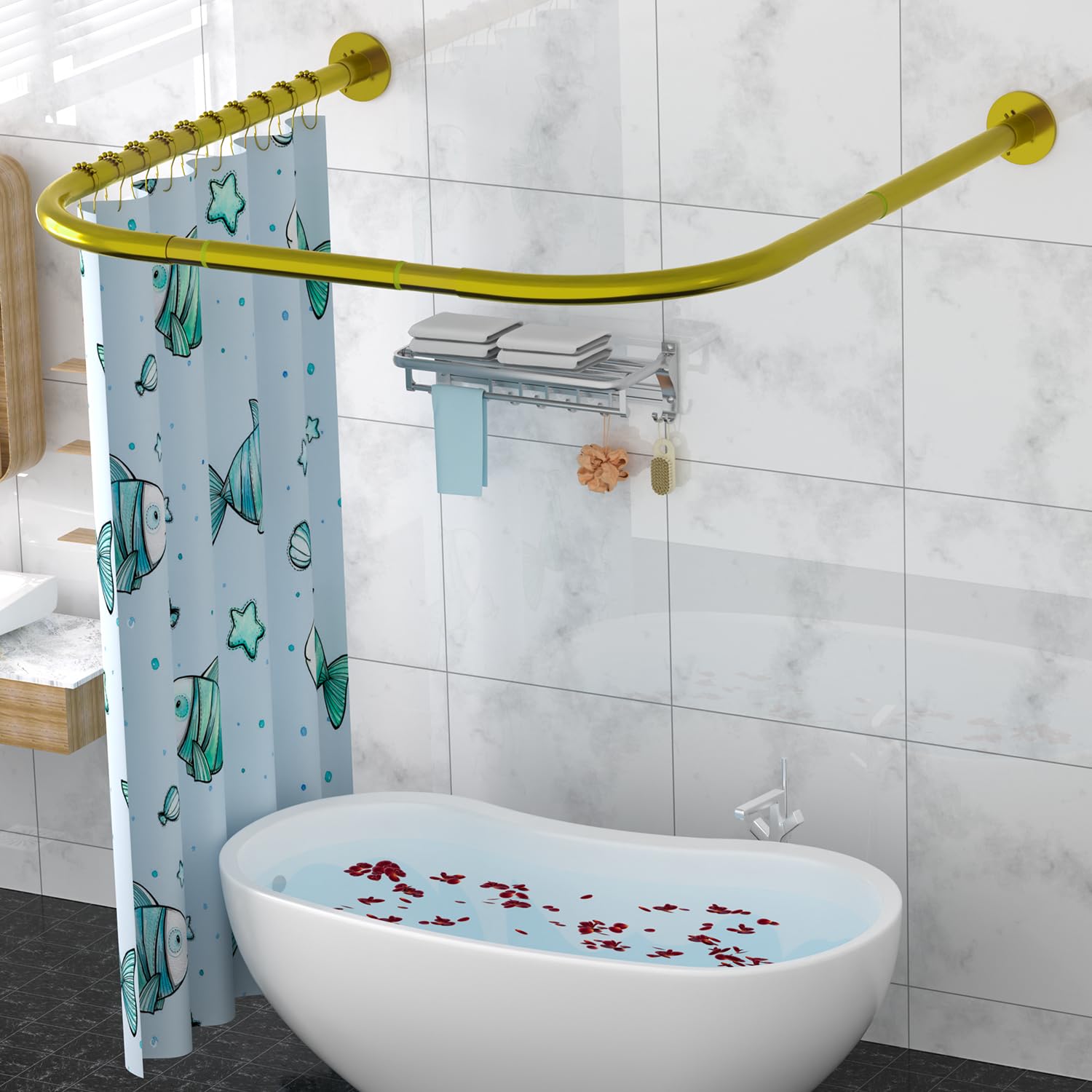 TanxihU Shower Curtain Rod Adjustable Stainless Steel U Shaped Rack Drill Free Install for Bathroom, Bathtub, Clothing Store (U Shaped Gold, Length on both sides:31.5"-47",Middle width:34.7"-43")