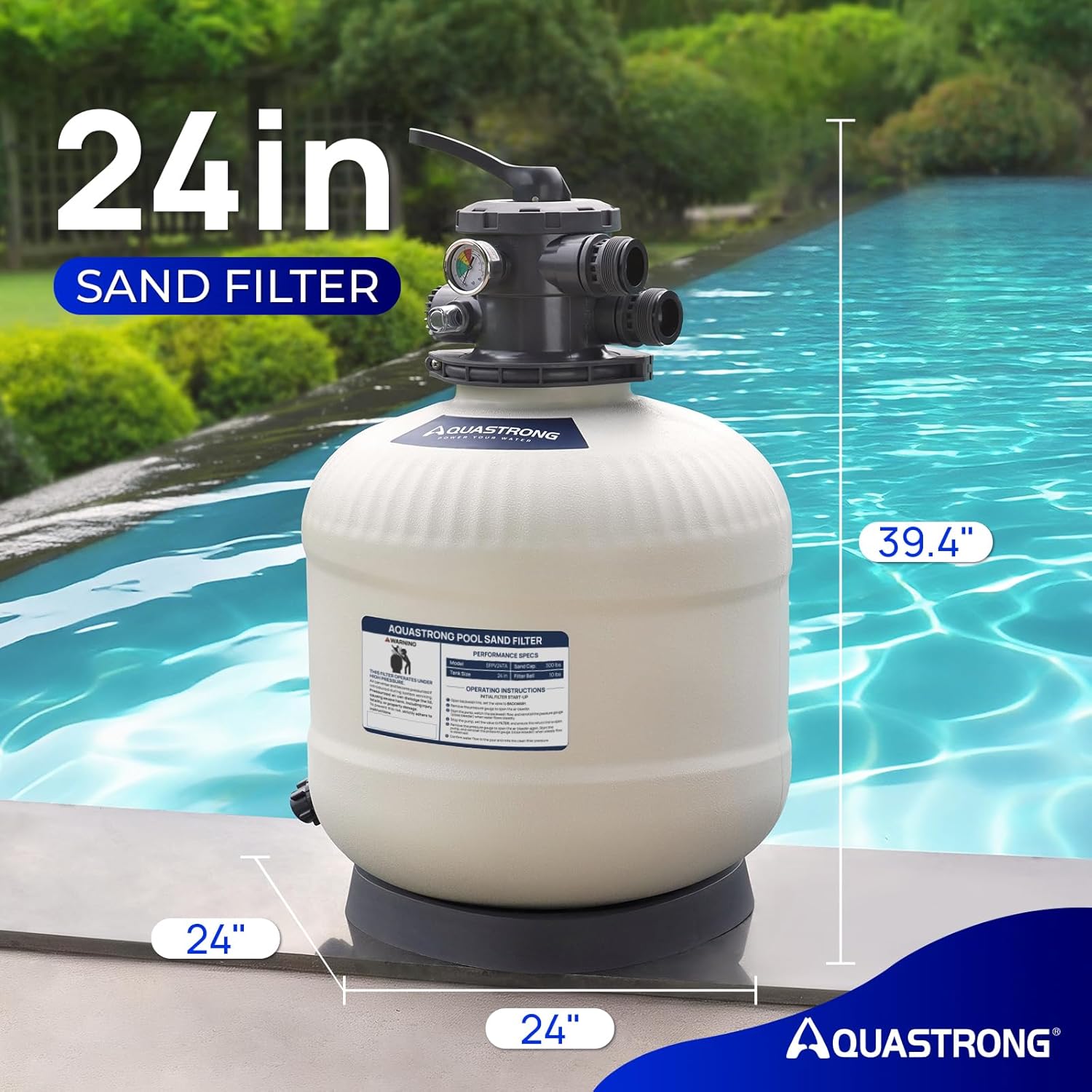 Aquastrong Sand Filter System with 6-Way Valve, Pool Filters for Inground Pools, Top-Mount Valve Pool Sand Filter, 24in, Up to 37000 Gallons