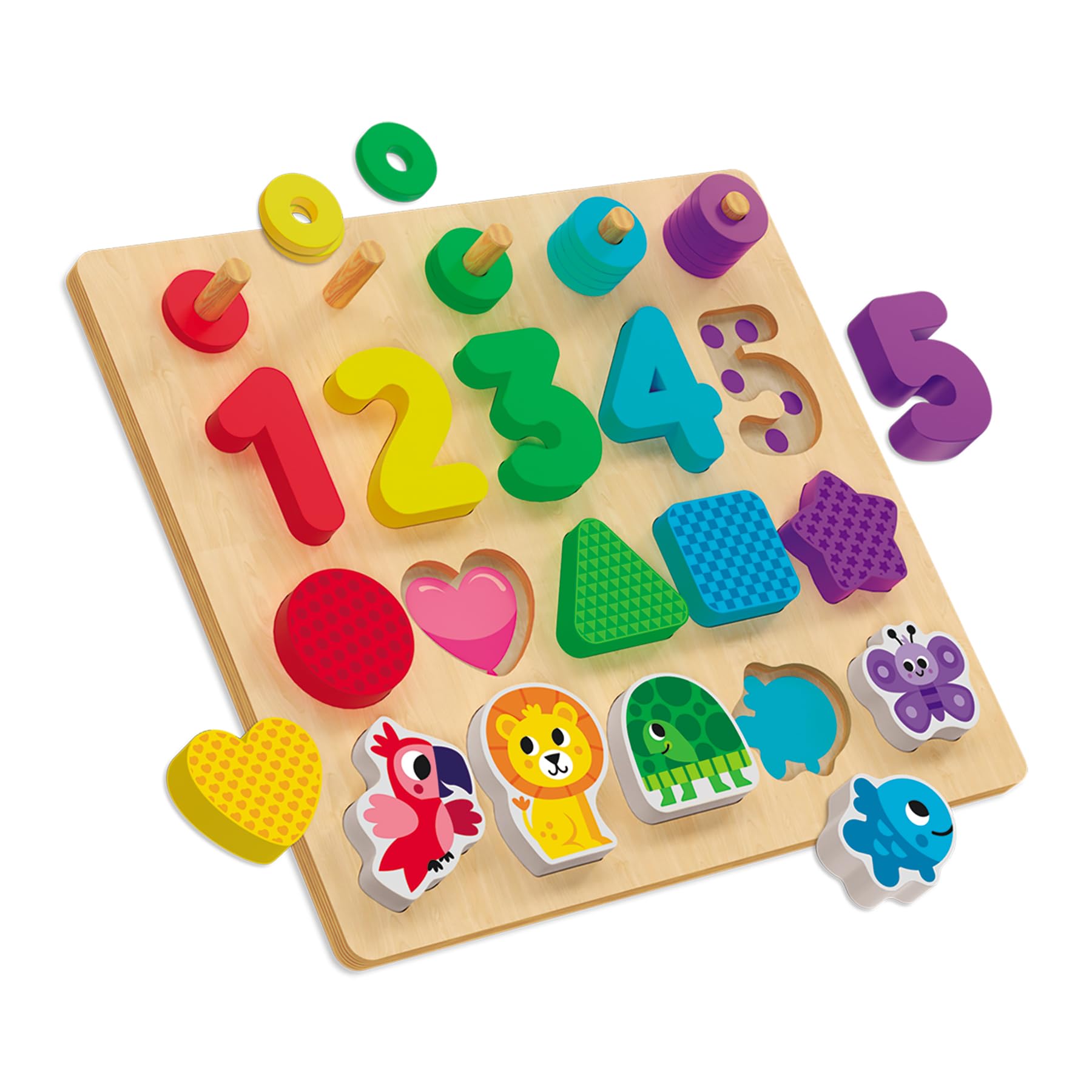 Kids Hits Stack and Sort Board - Colourful Maths Wooden Montessori Toy with Shapes, Numbers & Animals - Educational Sorting Toy for Toddlers Age 3+