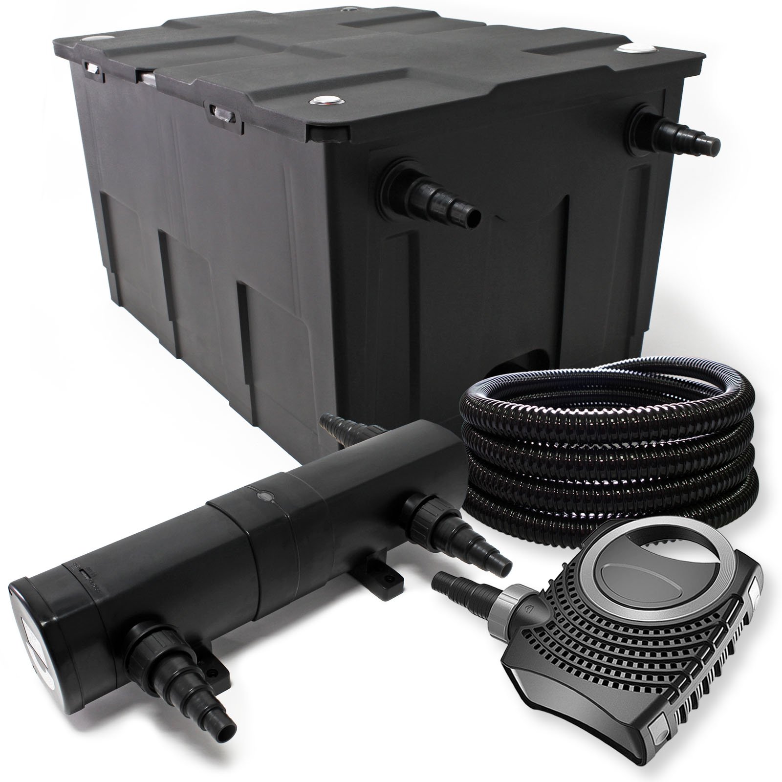 Juego filtro de estanque 60.000l UVC clarificador 24W 80W bomba manguera, skimmer y bomba de fuente