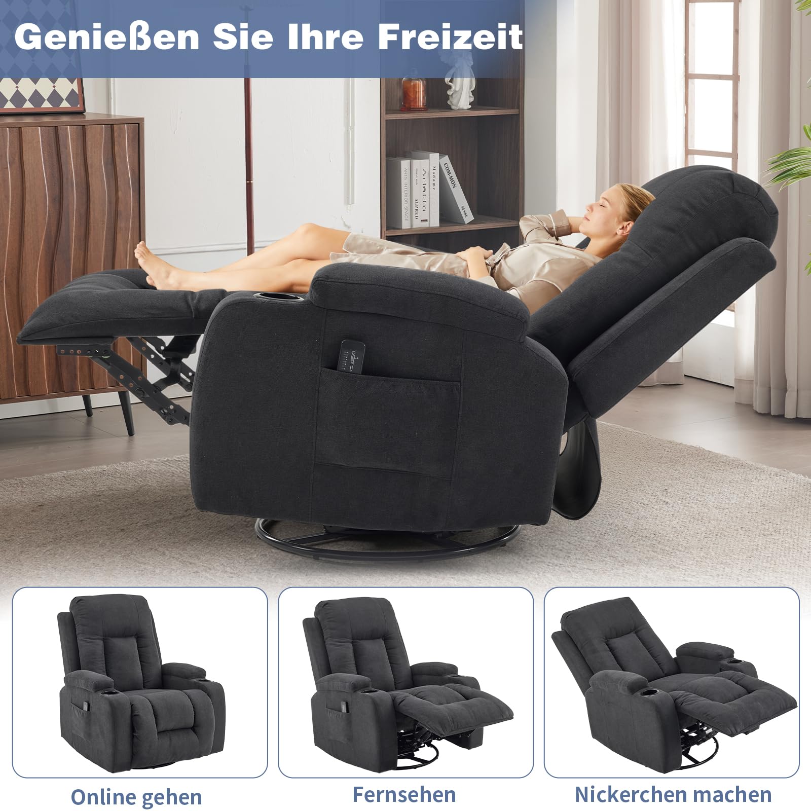 LEADZM Fernsehsessel Relaxsessel mit 360°-Drehung, Elektro-Massagesessel mit Liegefunktion, Massage, Heizung, 2 Seitentaschen und Getränkehalter, Schwarz