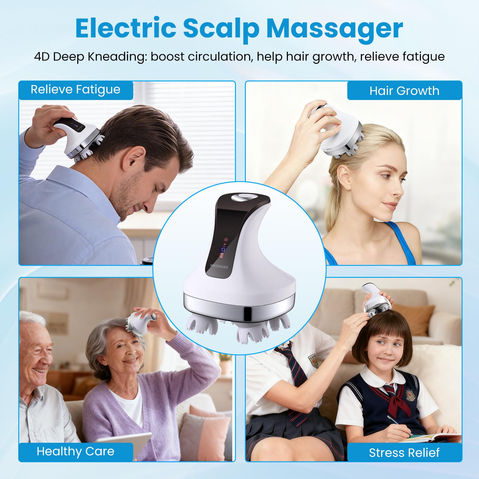 Massaggiatore elettrico per cuoio capelluto: massaggiatore elettrico per capelli senza fili, massaggiatore elettrico per capelli, grattaschia, per la crescita dei capelli, 4 modalità, massaggio per la