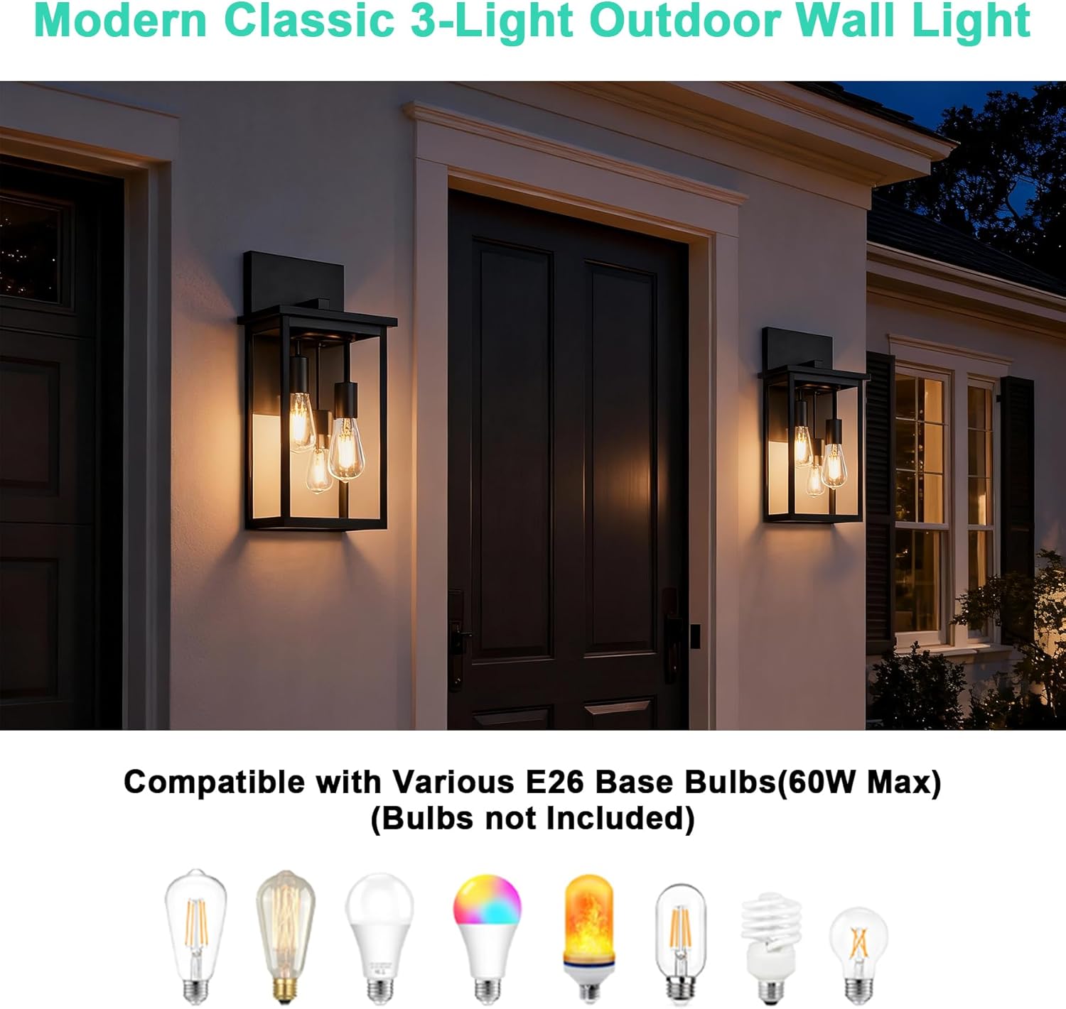 Yaohong 3-Lights Large Outdoor Wall Light, Modern Black Exterior Lighting Fixture with Clear Glass Porch Light for House Front Garage Patio, Modern Outside Wall Sconce E26 Base - Easy Installation