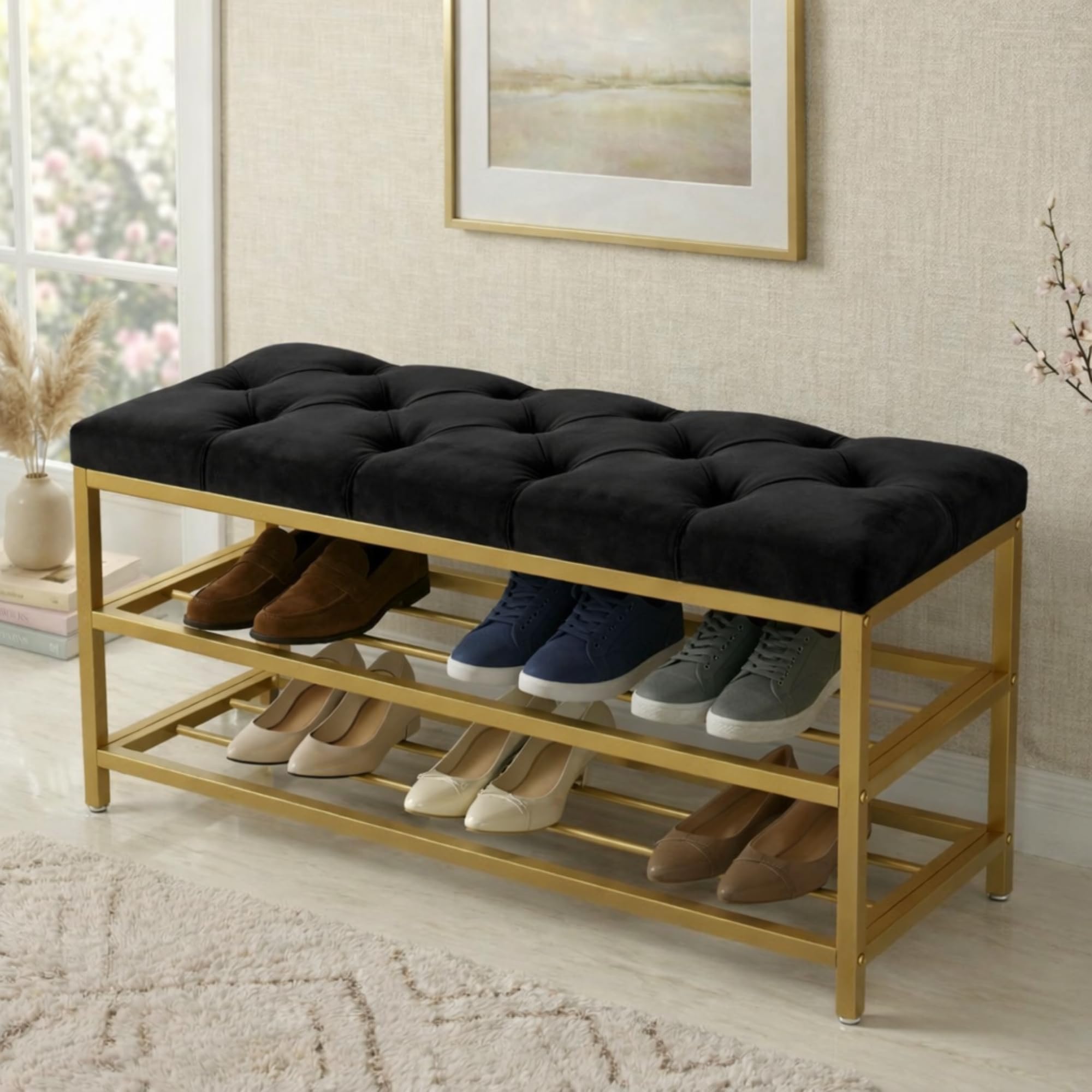 Harveys Ottoman Shoe Storage Bench with Velvet Fabric & Memory Foam Seat, 2 Tier Metal Shoe Rack with Seat, Entryway Bench, Gold Finish, 10 Pair Capacity - (Diamond Buttons, Black)