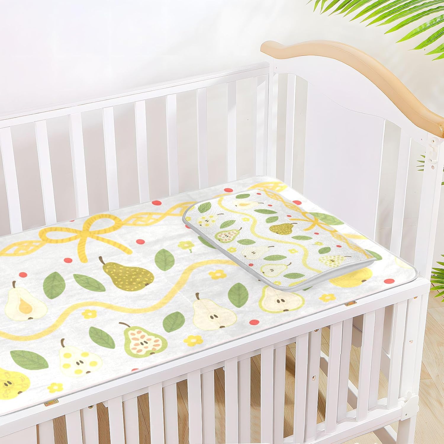Cartoon Cute Pears Green Leaves Cooling Baby Crib Mattress Protector 28" x 52" Absorbent Mattress Pads for Baby&Toddler