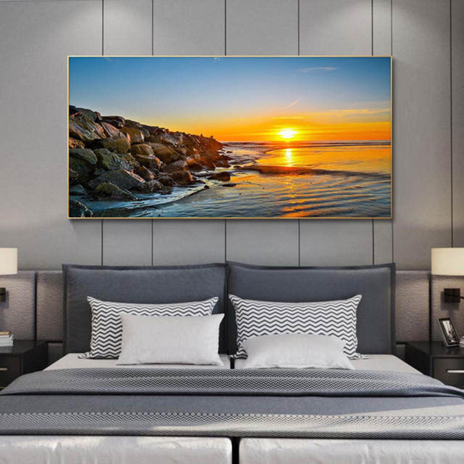Yooyu Cuadros Grandes Sunset Beach Paisaje marino Arte de la pared Montaña Lienzo Pintura Carteles e impresiones Decoración para sala de estar Cuadros modernos 50x100cm Marco interno