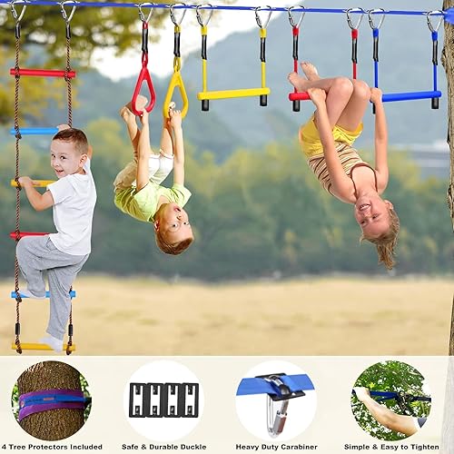 Miniatura 3 de Carrera de obstáculos Ninja Warrior para patio trasero de niños, hebillas de ajuste rápido, hasta 880 libras, líneas de holgura de 2 x 65 pies