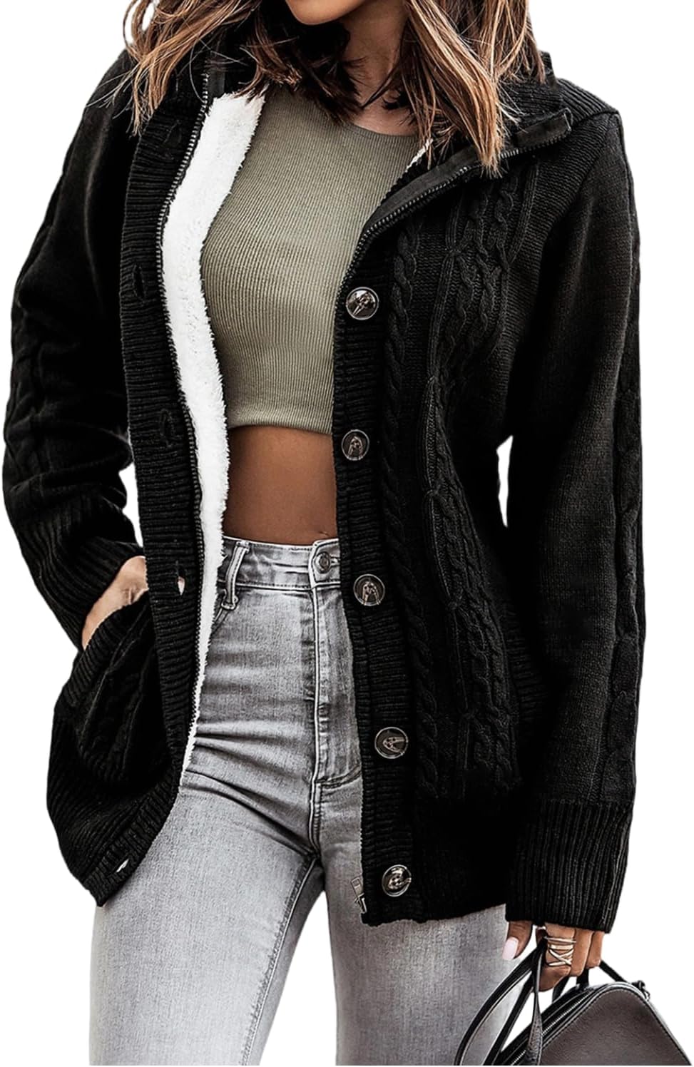 Sidefeel Women's Cardigan Sweaters Hooded Fleece Lined Button Down Winter Sweater Coat