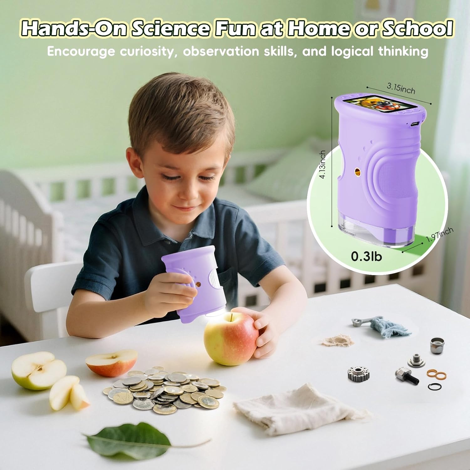 Alotwan Kids Digital Microscope 1000X Zoom, Mini Pocket Handheld Microscope with Camera/Video/Telescope Function, Portable Outdoor Travel Toys for Boys Girls 3-8 Years STEM Gifts, 8GB SD Card Included