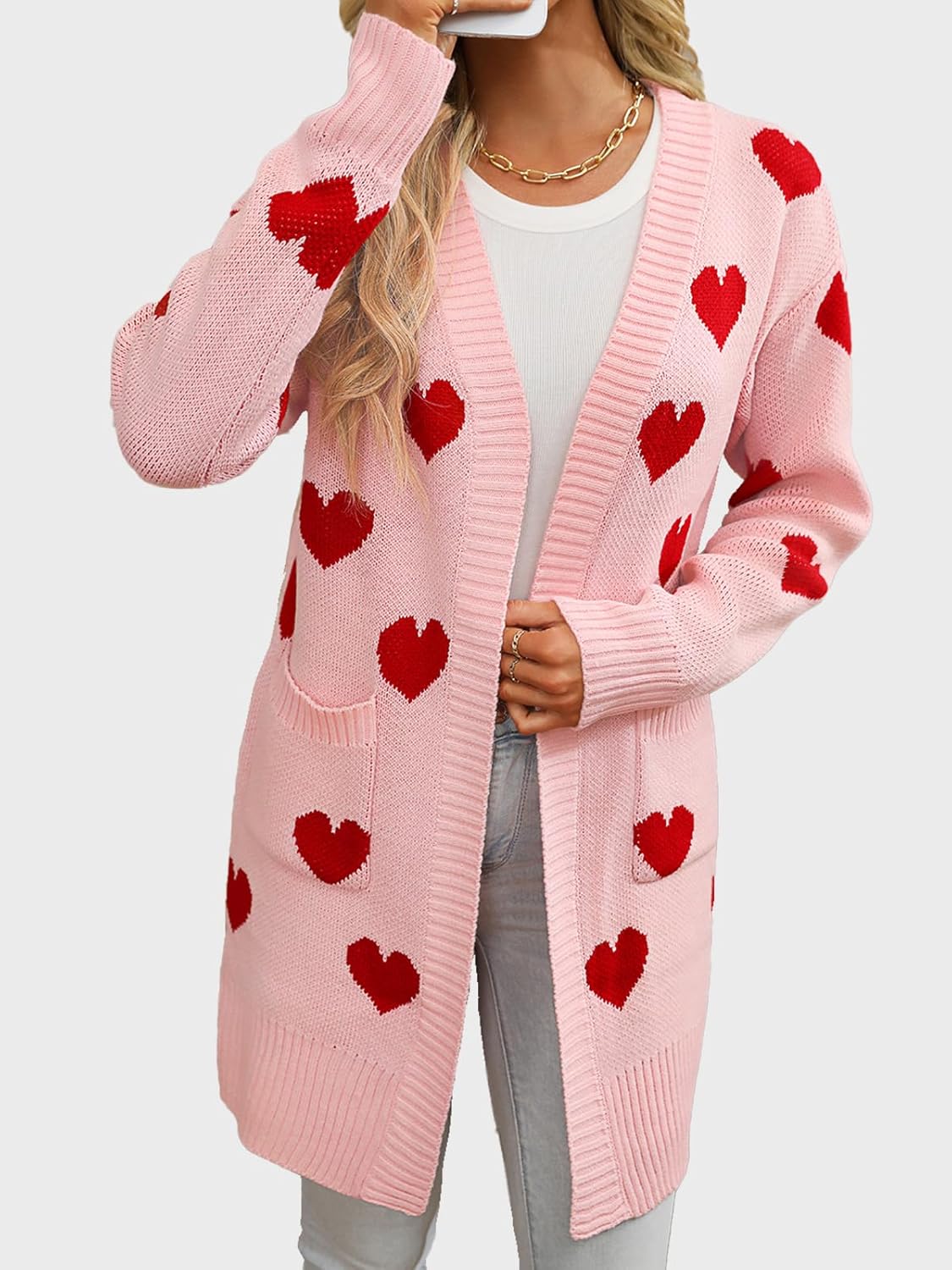 HOULENGS Women's Cute Heart Long Cardigan Sweaters V Neck Ribbed Knit Open Front Sweater Coats with Pockets - Image 5