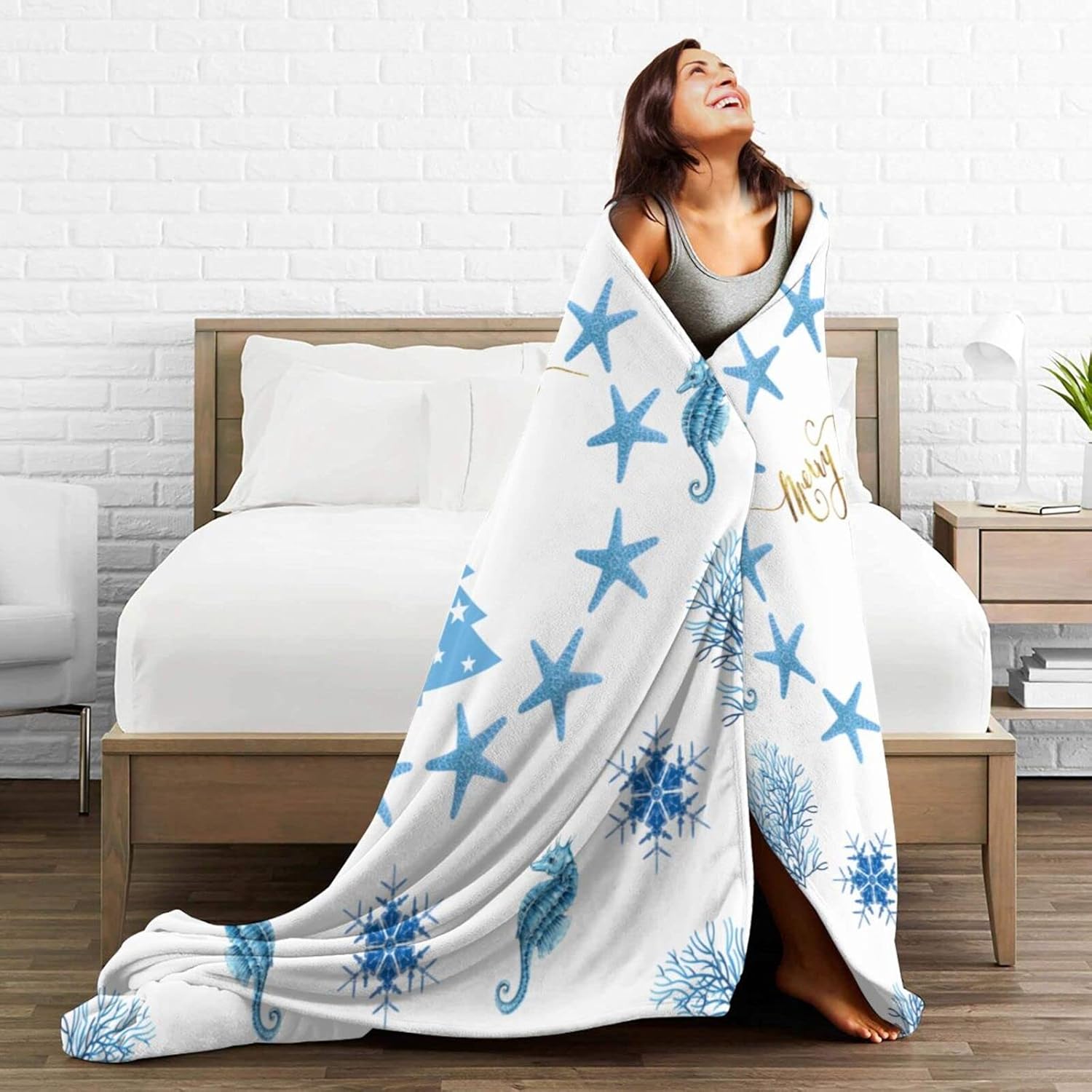 Merry Christmas Throw Blanket 80"X 60" Seahorse Snowflake Starfish Soft Warm Flannel Fleece Bed Blankets Gift for Adults