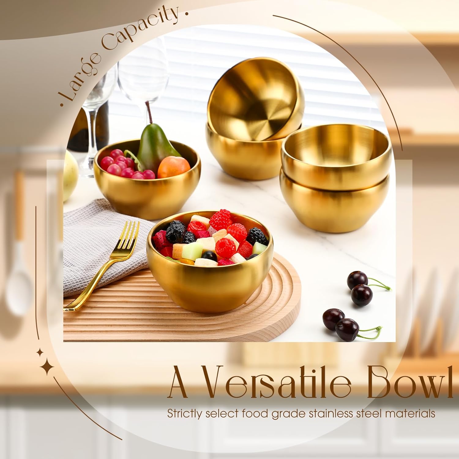 Lallisa 6 Pcs 20 oz 304 Stainless Steel Gold Serving Bowls 5.7" Double Walled Insulated Ice Cream Bowl gold mixing bowls for Rice, Dessert, Pasta, Fruit, Salad, Soup, Cereal, Snack, Dishwasher Safe