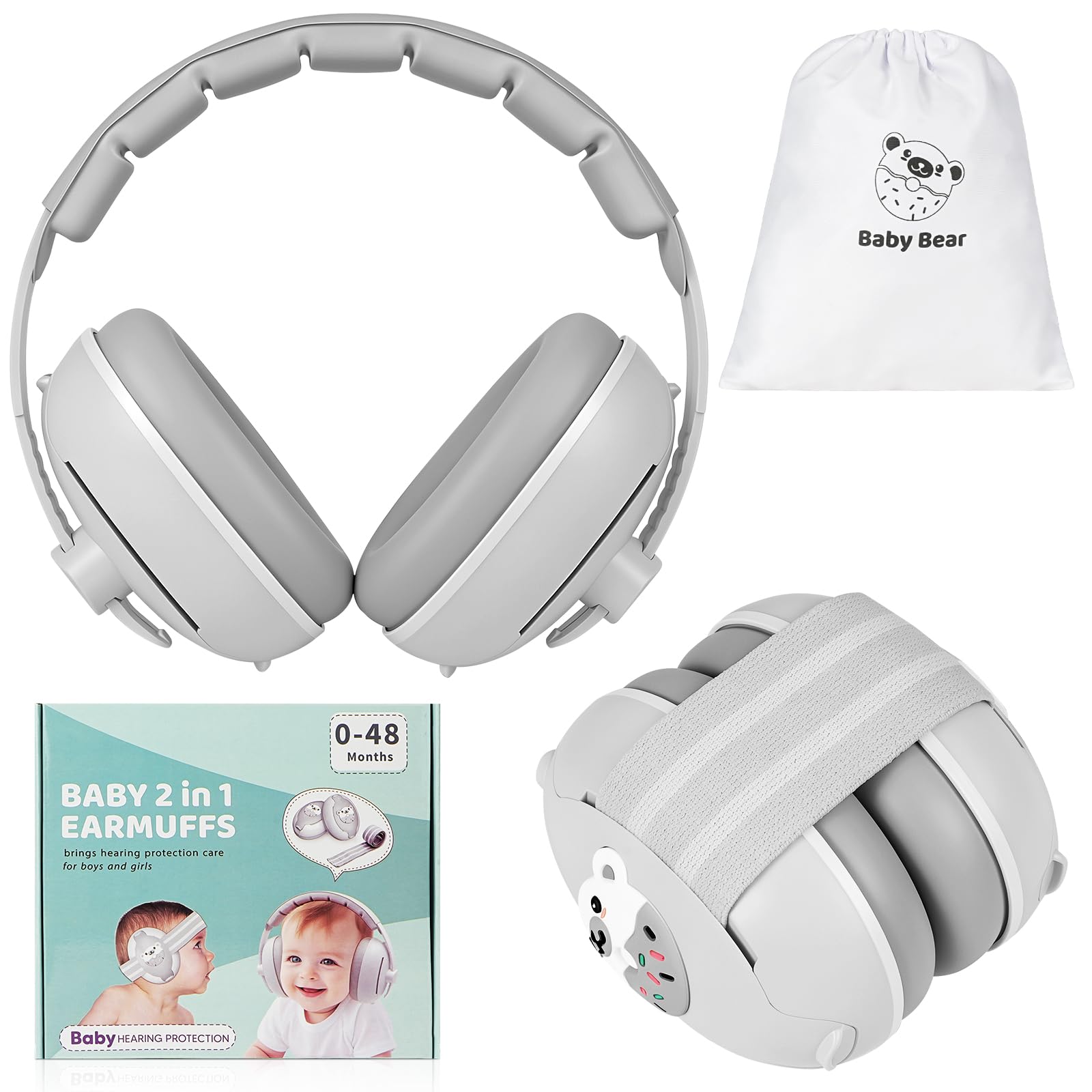 Cuffie antirumore 2 in 1 per bambini, antiscivolo, con cancellazione del rumore, ultra morbide e regolabili fino a 0-48 mesi, protezione dell'udito per dormire e viaggiare