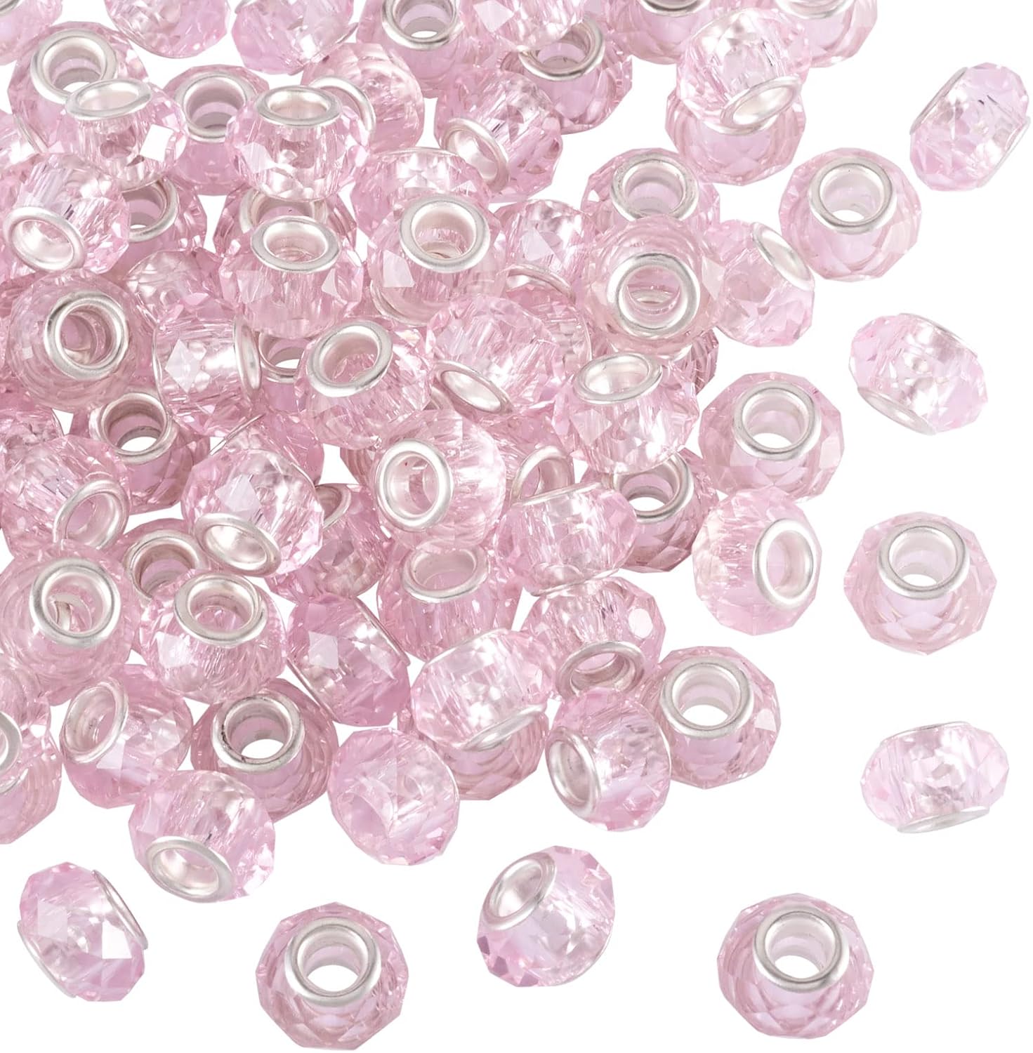 Craftdady 100Pcs Pink Faceted Glass European Beads 14x8mm Large Hole Slide Charm Rondelle Loose Spacer Beads with Brass Core for Snake Chain Bracelet Jewelry Making Hole: 5mm