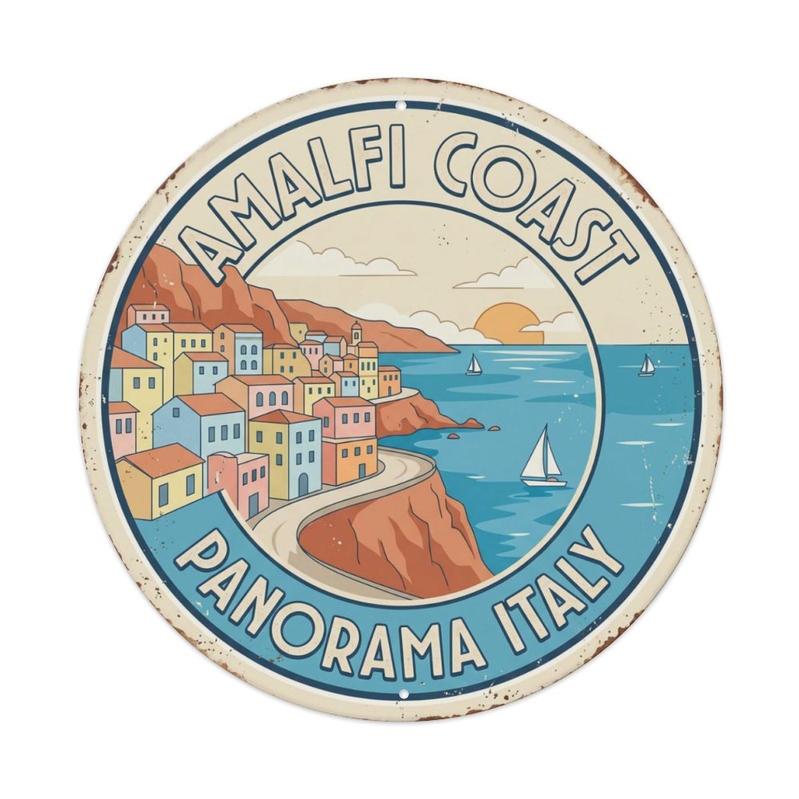 Amalfi Coast Panorama Italy Seaside Metal Tin Sign Plaque Wall Decor for Cafe, Club Bar, Office, Home Garden Round Metal Poster 8x8Inch