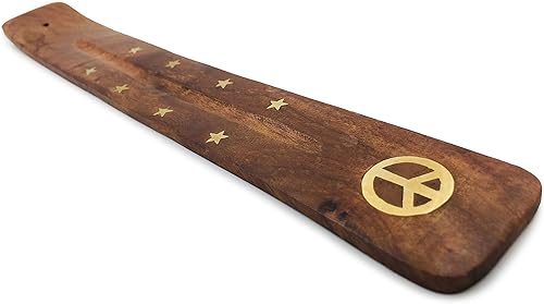 Miniatura 2 de Soporte para incienso con letrero de paz, bandeja de madera para quemador de incienso con incrustaciones de latón, para varillas de incienso,