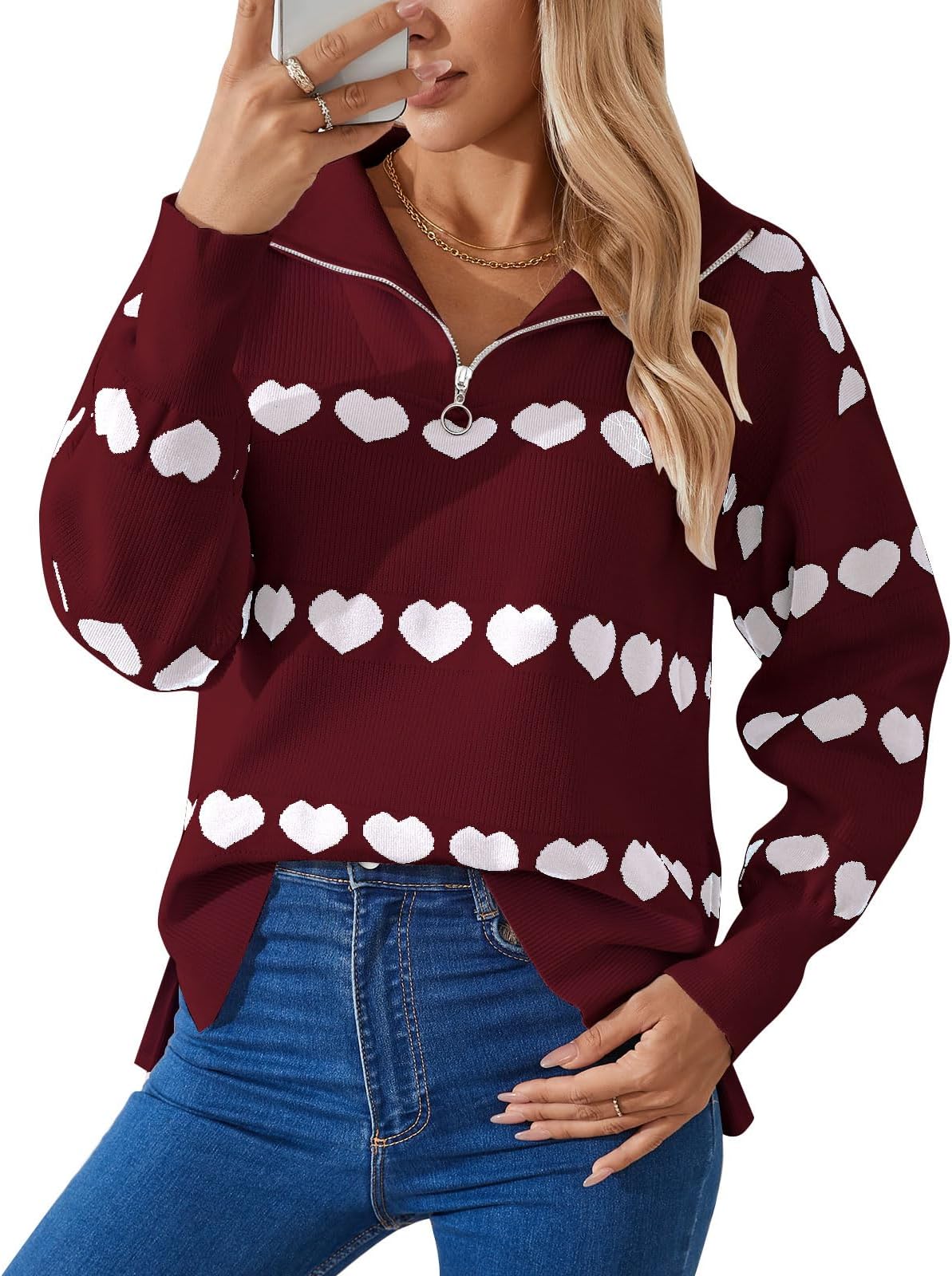 Women's Zip Up Pullover Sweaters Long Sleeve Side Slit Loose Casual Knit Pattern Sweater