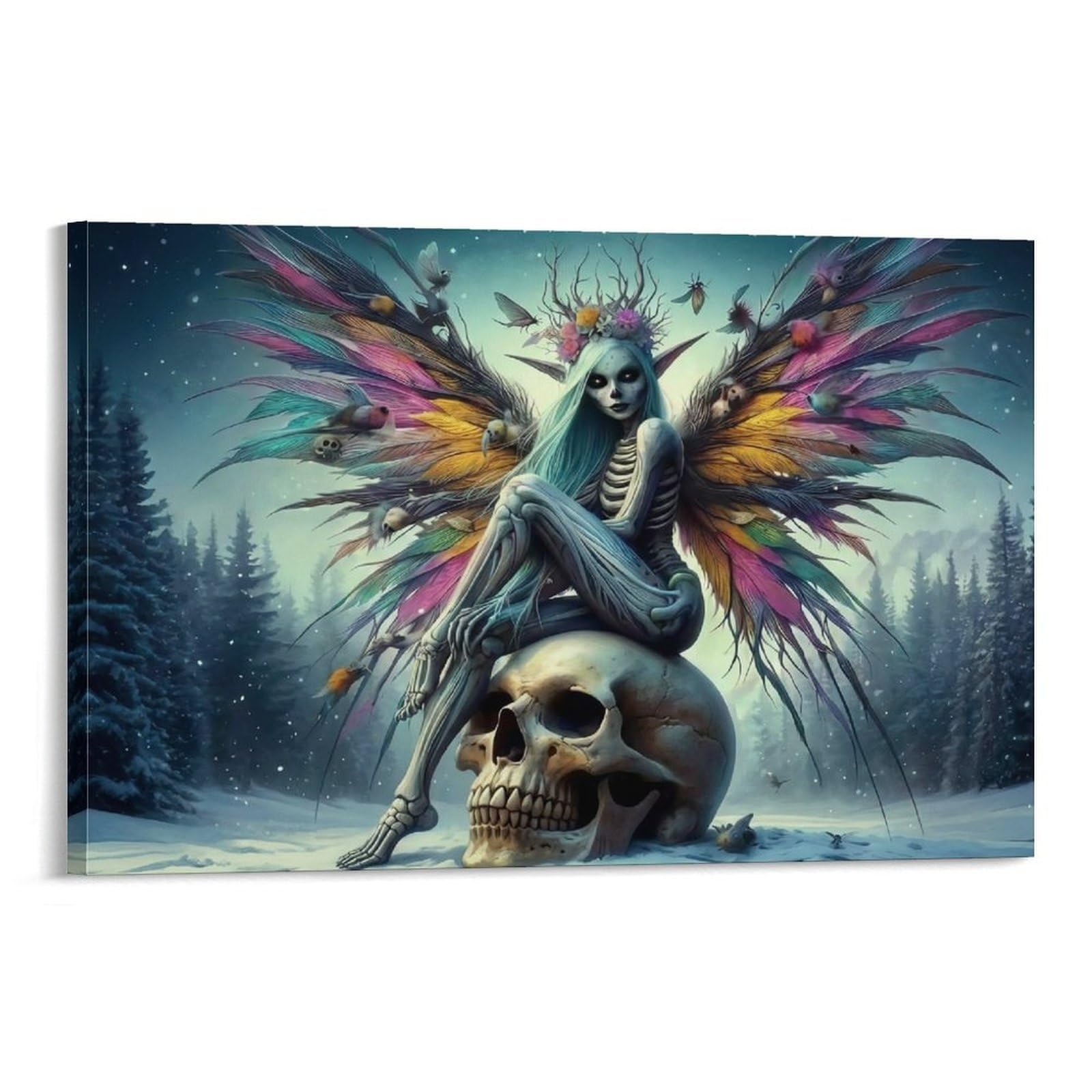 CPLVKWRQJ Skeleton Fairy Wings 1 Piece Skeleton Fairy Big Skull Snowy Pine Woods Canvas Artwork - Living Room Gallery Wall Statement Piece Fade Resistant Decor 20x30inch(50x75cm)