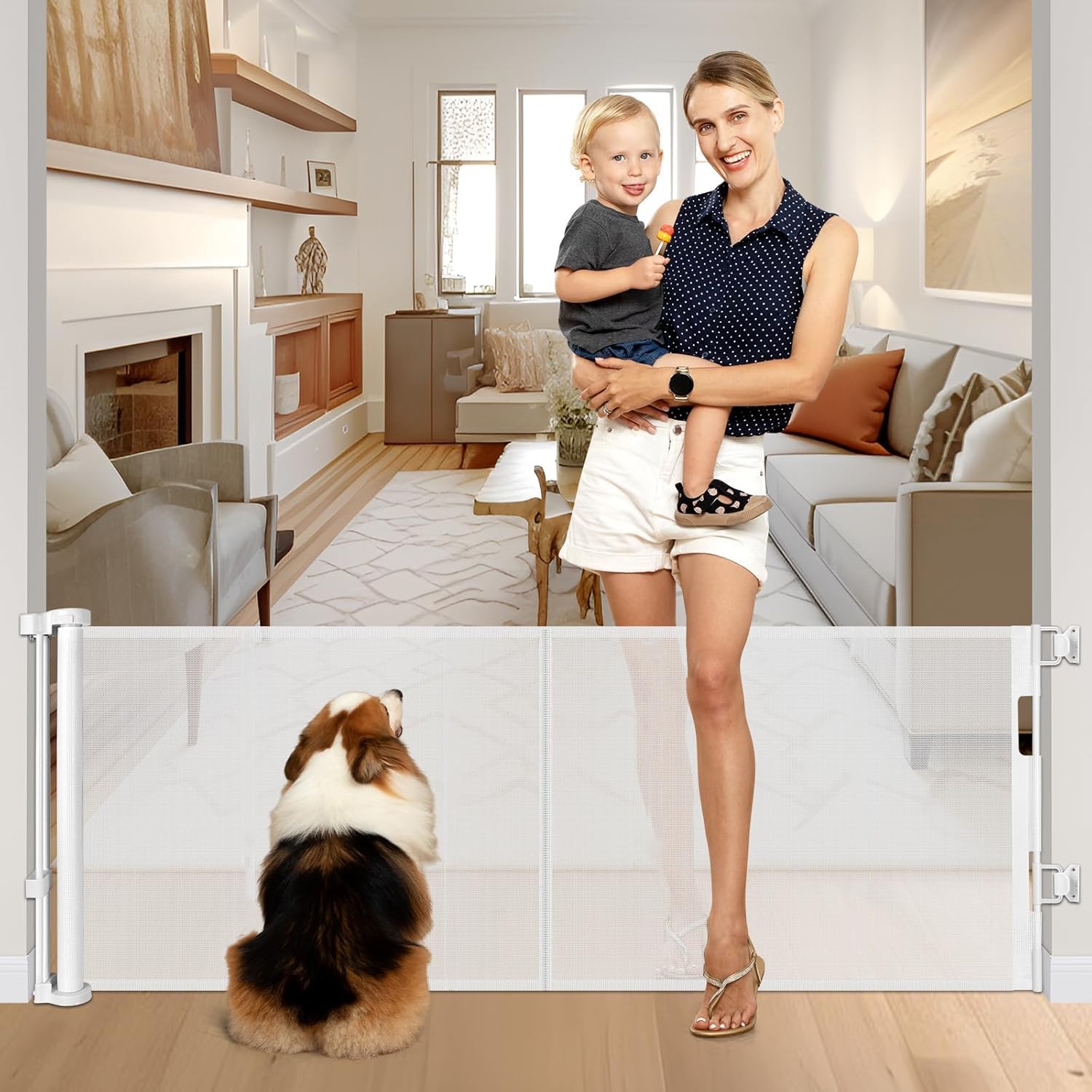 Reinforced 28 Inch Tall Retractable Baby Gates for Dogs, Easy Step Over Pet Gate with Support Rods, 55" Wide Retractable Dog Gate, Puppy Gates for The House Short Dog Gate for Stairs, Doorways, White White (28" Tall x 55" Wide)