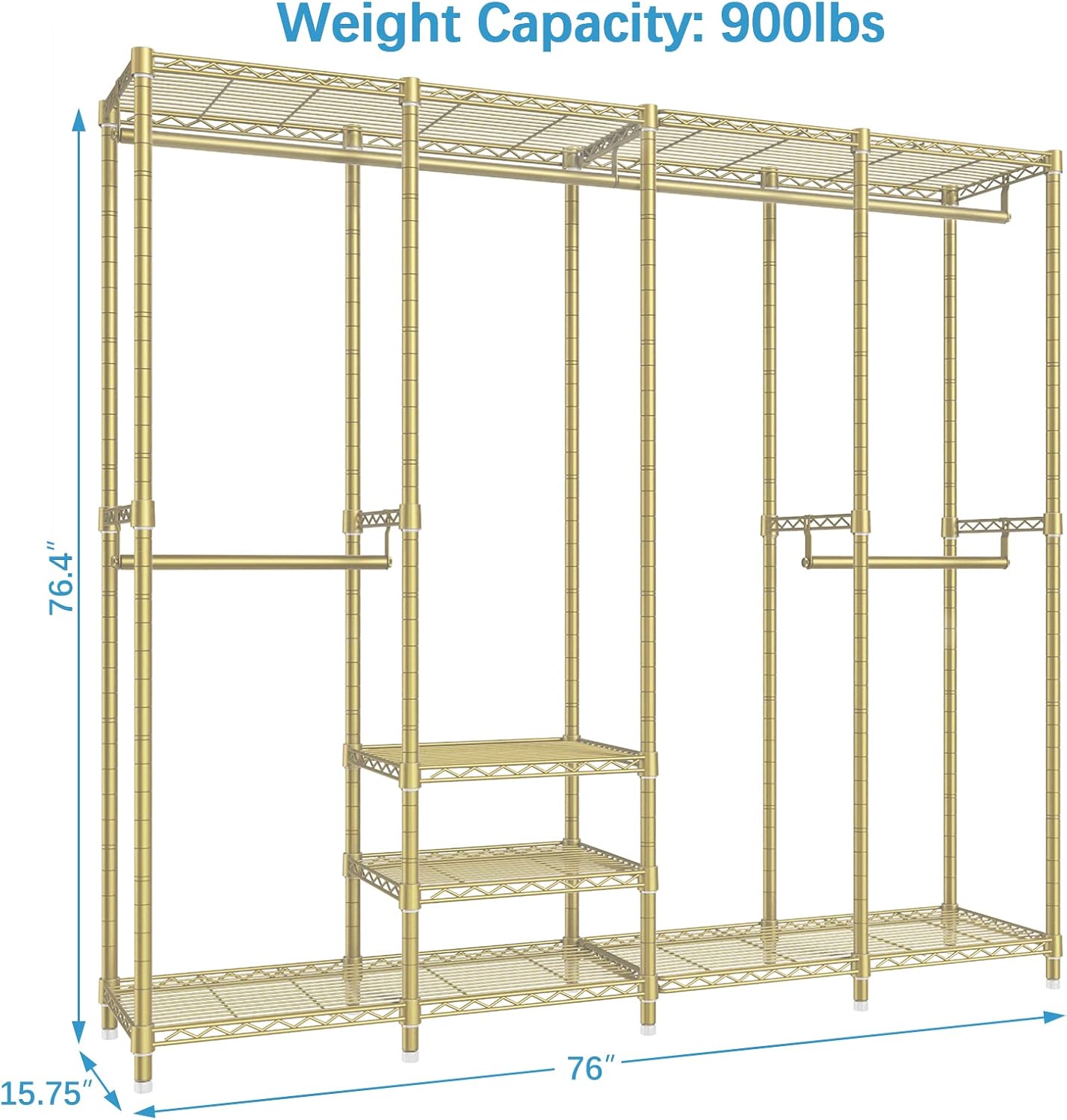 VIPEK V40 Wire Garment Rack Heavy Duty Clothes Rack for Hanging Clothes, Multi-Functional Metal Clothing Rack Bedroom Freestanding Wardrobe Closet Rack, 76"L x 15.7"W x 76.4"H, Max Load 800lbs, Gold