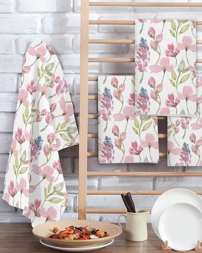 Miniatura 2 de Kitchen Towel 2 Packs Cotton Waffle Weave, Watercolor Pink Flowers 16 x 24 Inch Absorbent Quick Drying Dish Towels Clothes for Kitchen Living Room