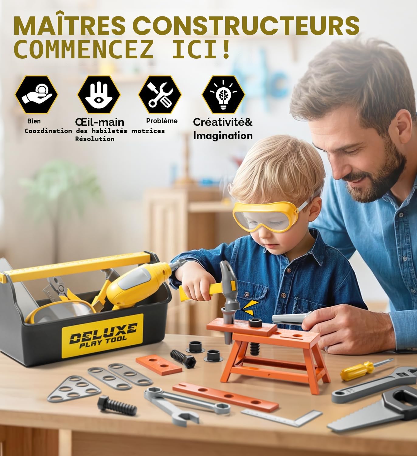 Lehoo Castle Boite Outils Enfant, Etabli avec Perceuse Électrique, Visseuse, Metre Ruban, Démonter et Assembler Voiture, Caisse a Outil Cadeau Montessori Jouets pour Enfant 3 Ans+