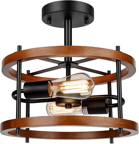 Lakumu Lámpara de techo retro semiempotrada de 2 luces, lámpara de techo de madera rústica vintage de metal negro, lámpara de techo industrial de