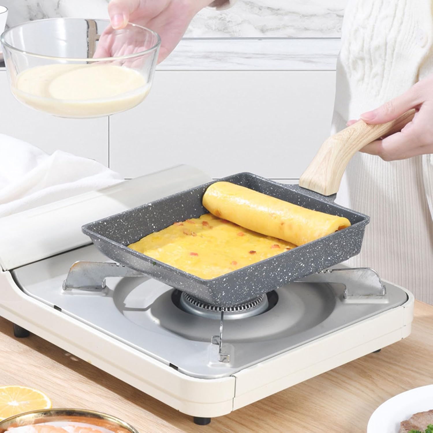 HUHJYUGE Non-Stick Tamagoyaki Pan, Japanese Style Rectangle Omelette Pan, Flat Frying Skillet for Eggs, Pancakes, and Breakfast Cooking, Maifan Stone Coating, with Handle (A)