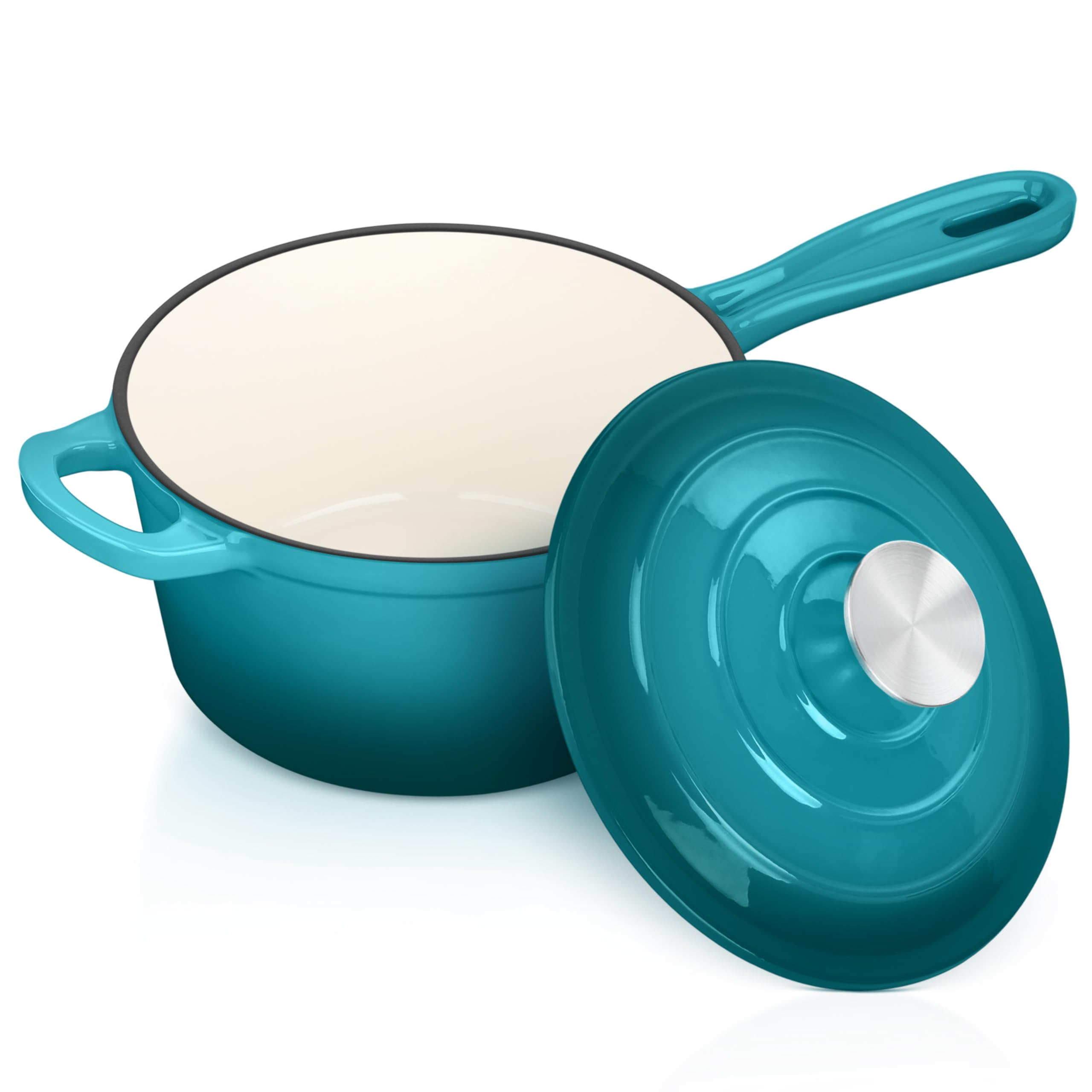 Leonyo Enameled Cast Iron Saucepan with Lid, Enameled Cast Iron Saucepan with Lid, for All Hobs, Soup, Milk - Up to 260°C and 3kg, Lake Green