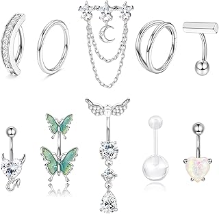 [Diamday] ベリーバー 10個 サージカルステンレス クリッカーボタンリング バタフライ へそピアス パック ダングルベリーバー ボディピアス ジュエリー 14G