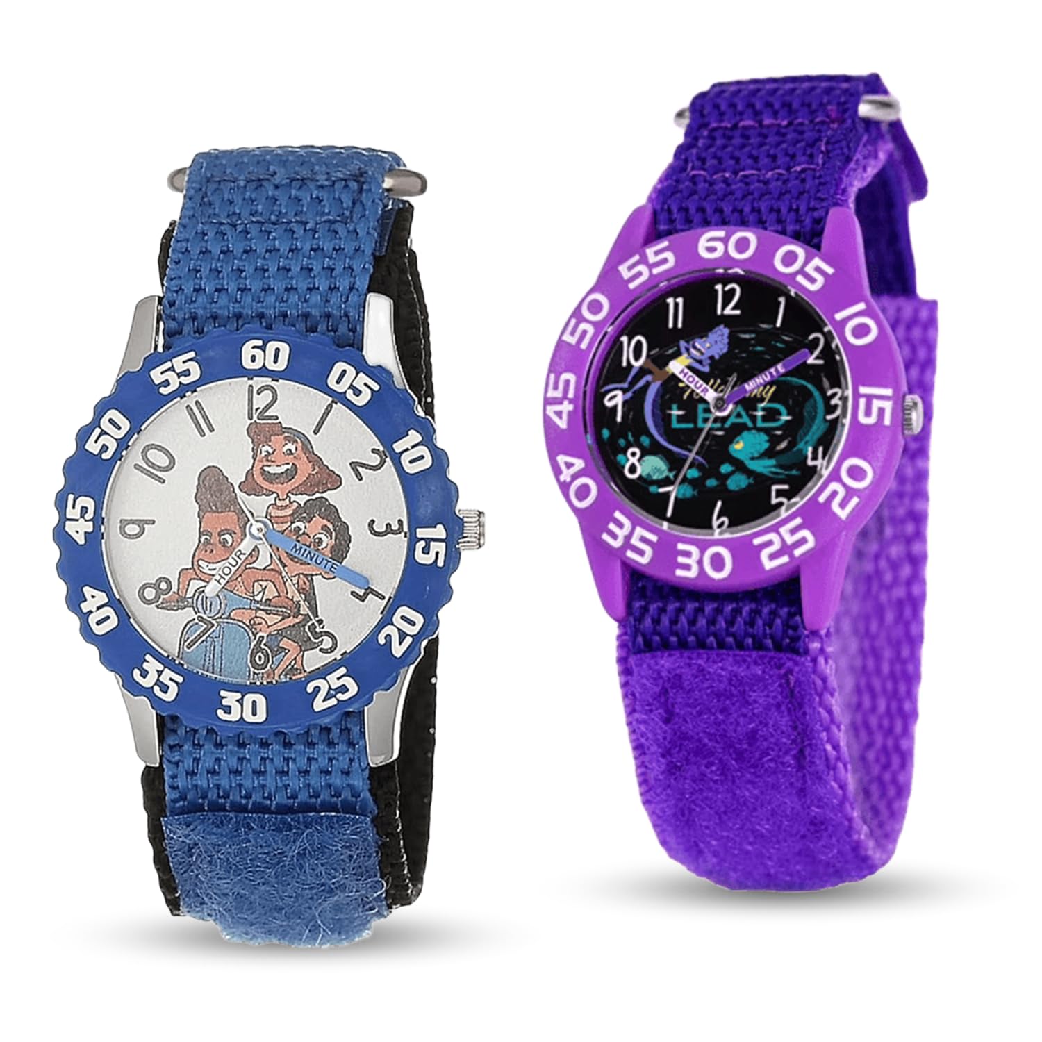 Disney Set di 2 orologi per bambini dai 4 ai 7 anni, con quadrante Luca e Raya, lunette blu e bianche con cinturini in nylon e silicone, regalo per ragazzi, ricevi 2 orologi misteriosi bonus